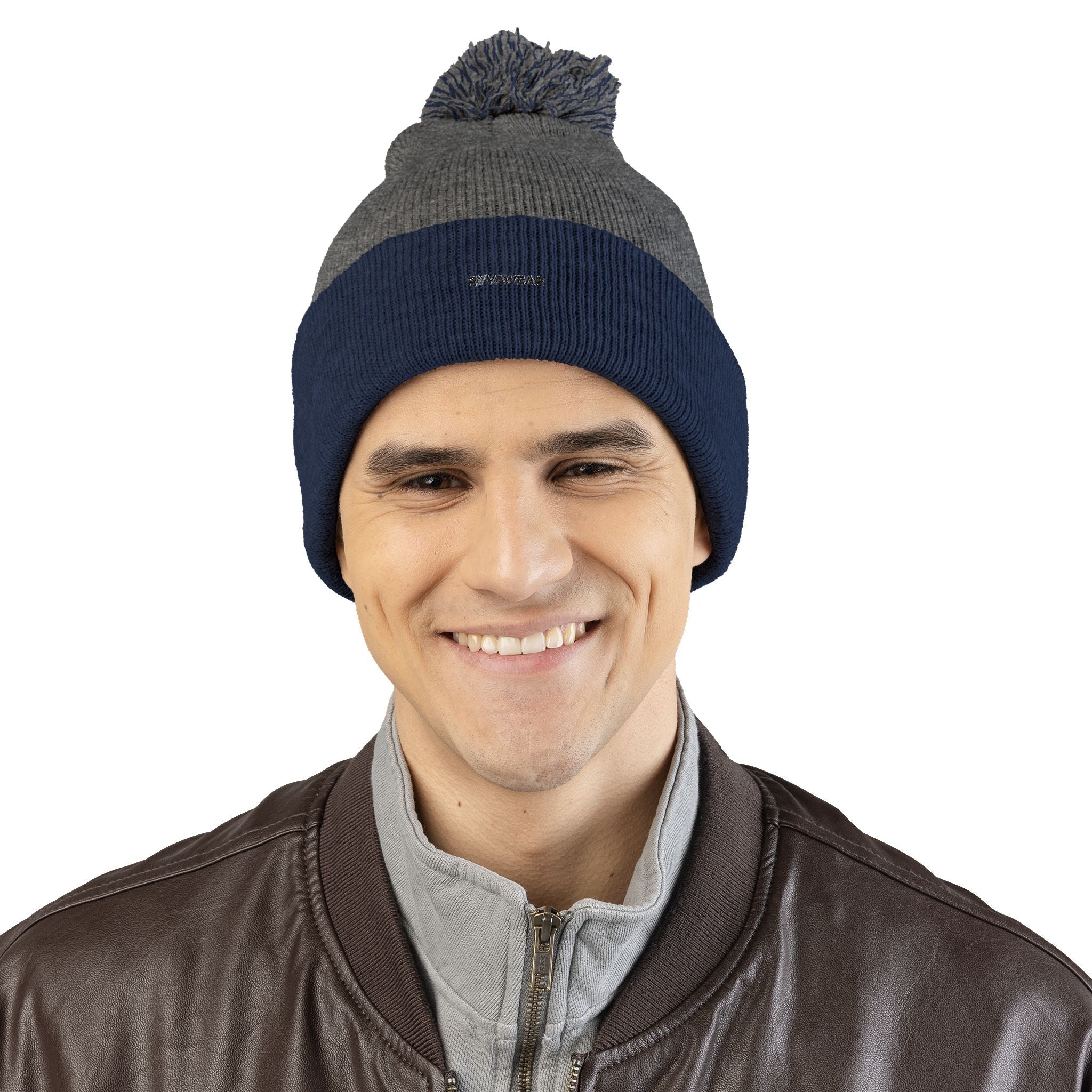 Embroidered Pom-Pom Knit Cap — Cozy Winter Beanie with Fold-Over Cuff