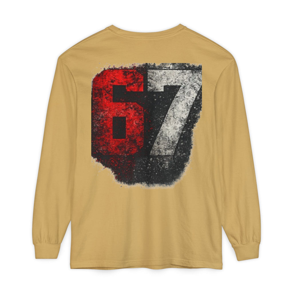 67 Graphic Long Sleeve T-Shirt — Distressed Red & Black Number Backprint