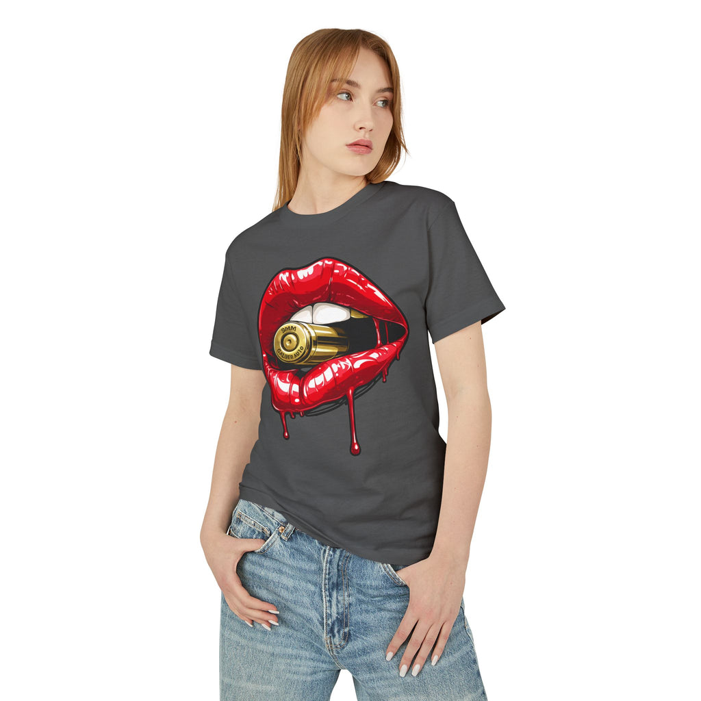 Graphic Tee — Red Dripping Lips Holding Bullet | Edgy Streetwear T-Shirt