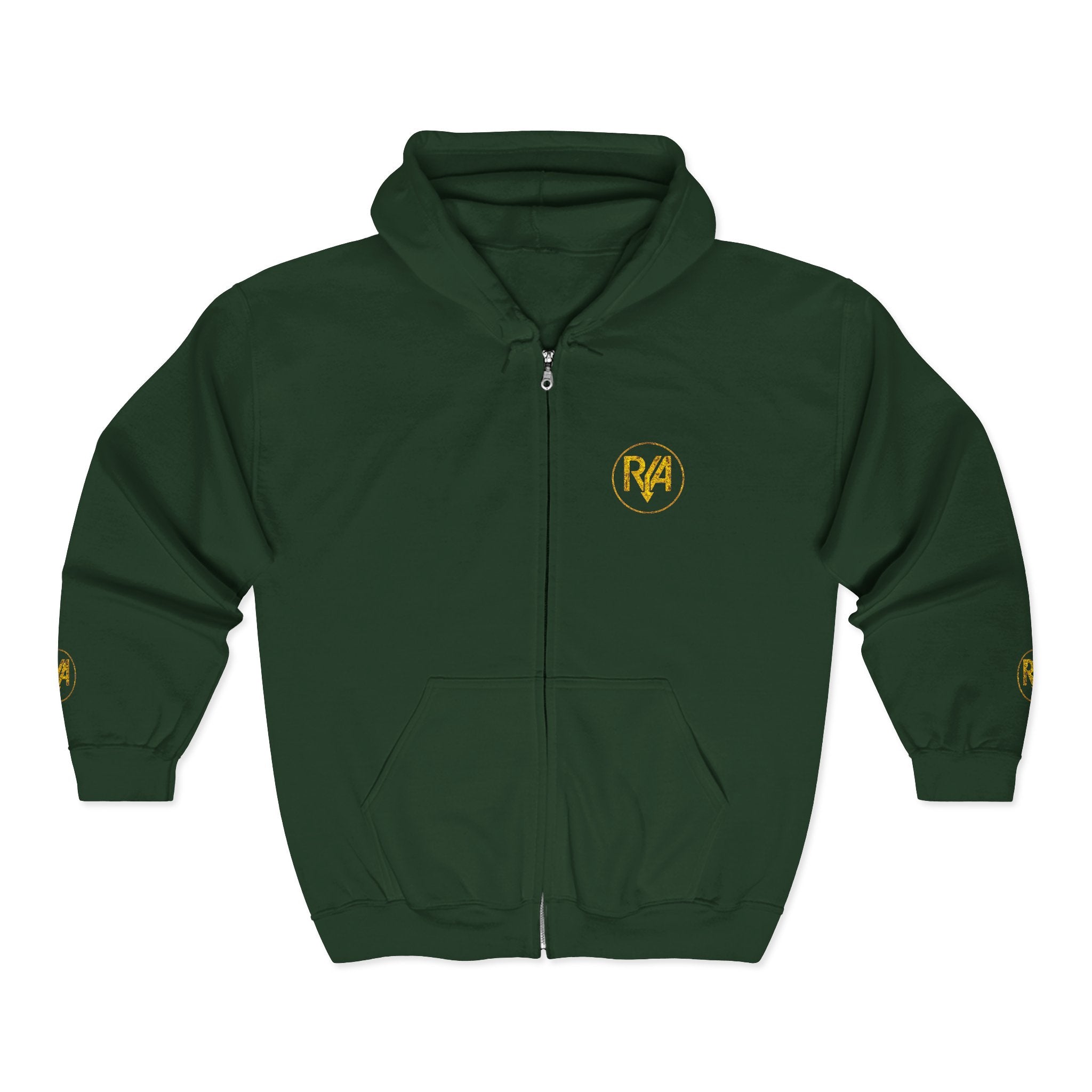 Gold Minimal Logo Zip Hoodie — Small Chest & Sleeve Emblem