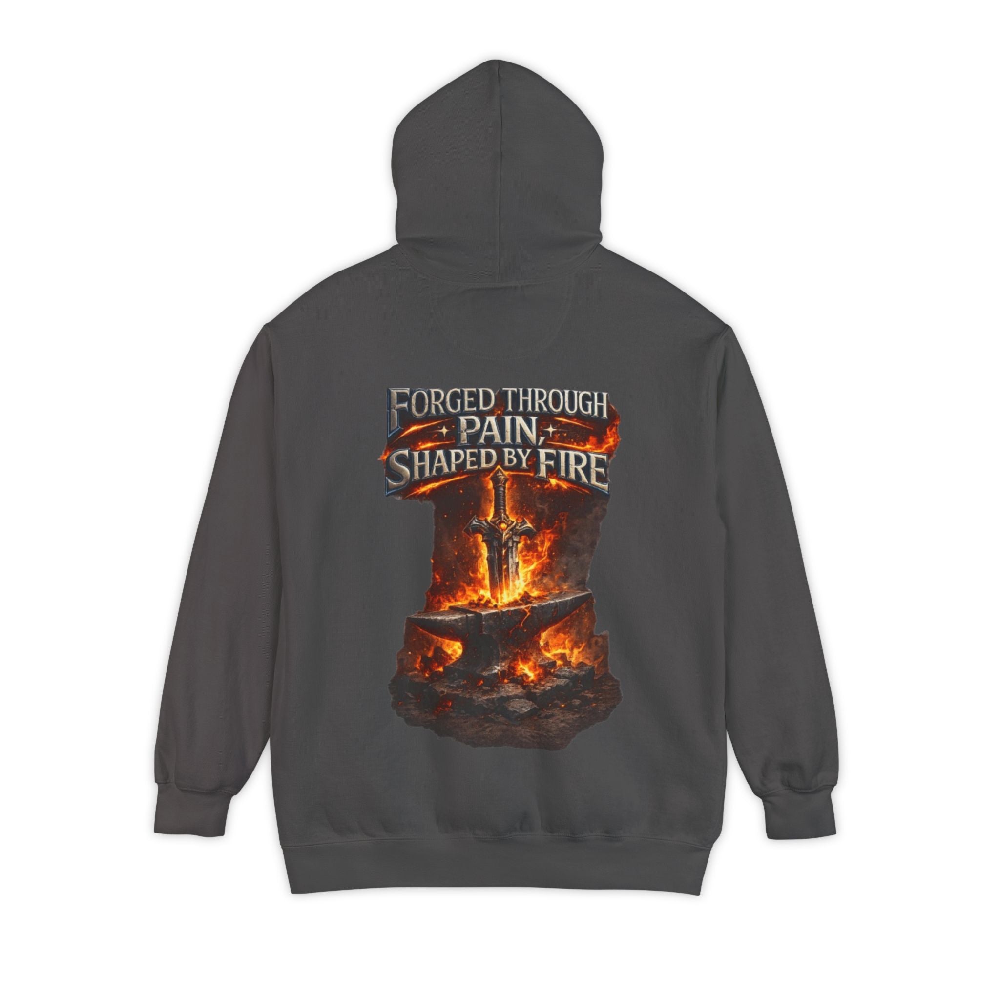 Hoodie — "Forged Through Pain, Shaped by Fire" Graphic Faded-Dye Hoodie