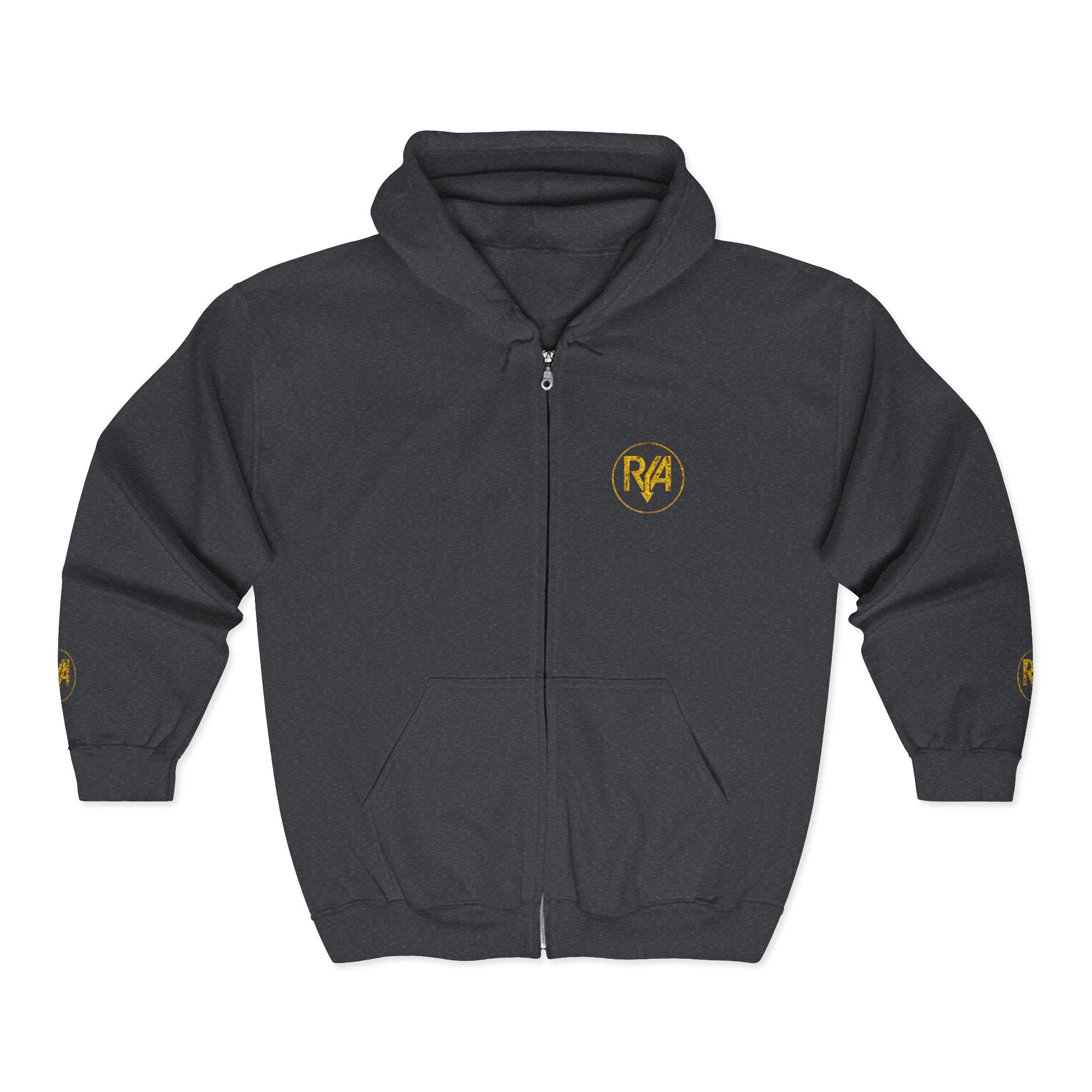 Gold Minimal Logo Zip Hoodie — Small Chest & Sleeve Emblem