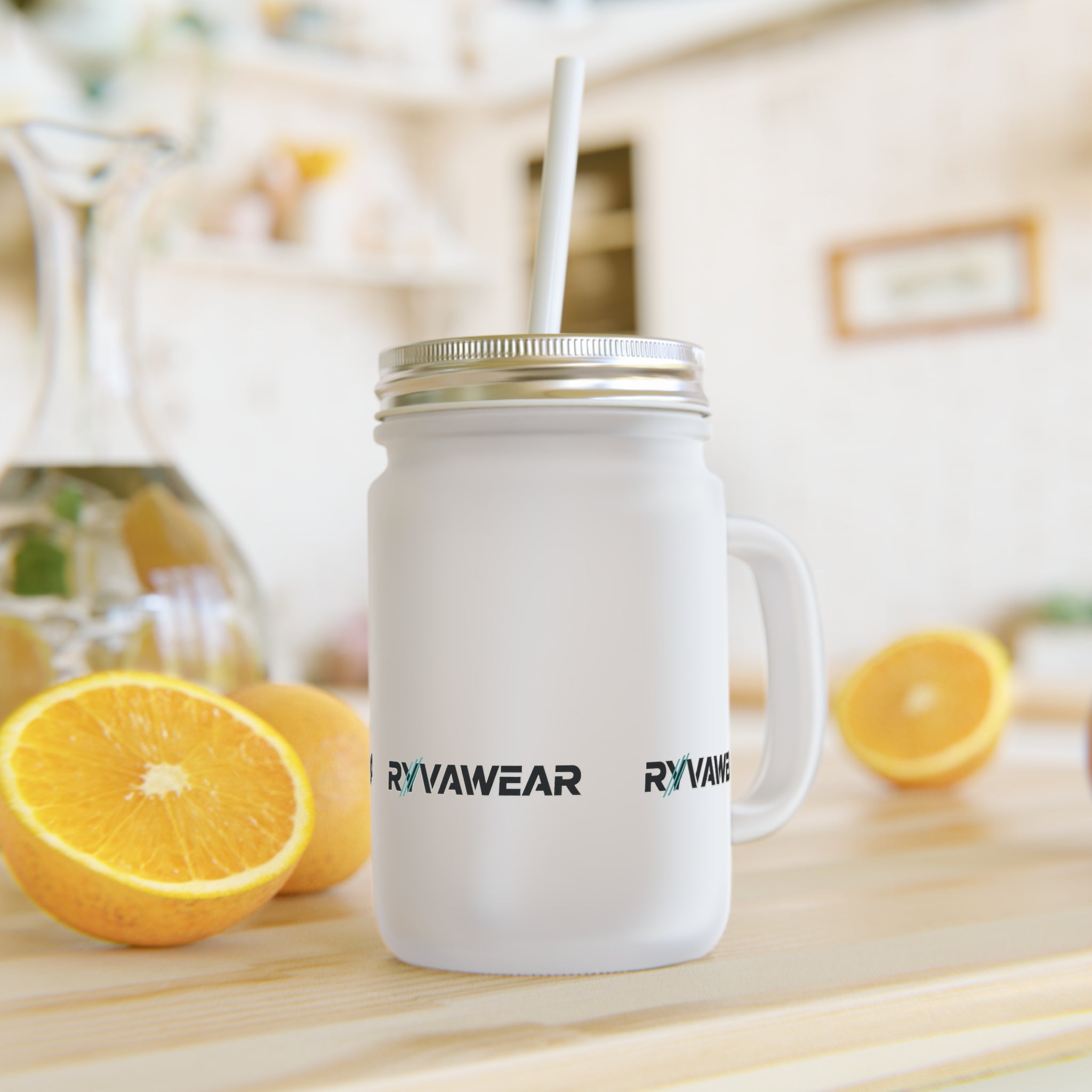 Mason Jar Tumbler – Frosted Glass Mason Jar Cup with Straw (Ryvawear Logo)