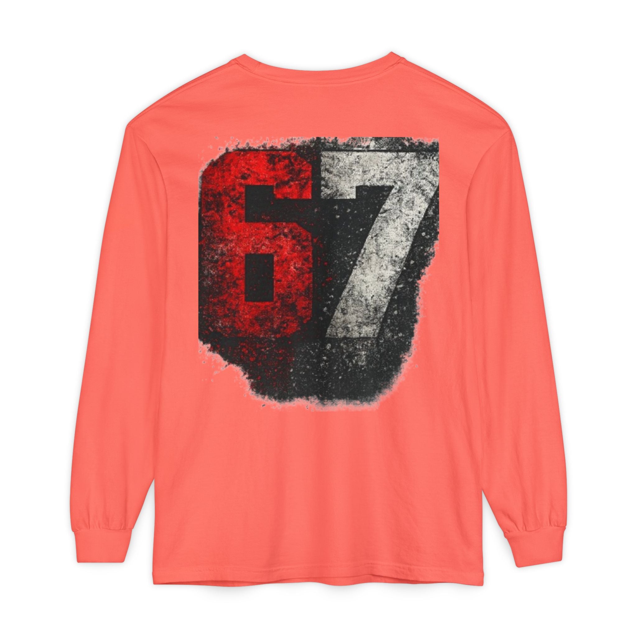 67 Graphic Long Sleeve T-Shirt — Distressed Red & Black Number Backprint