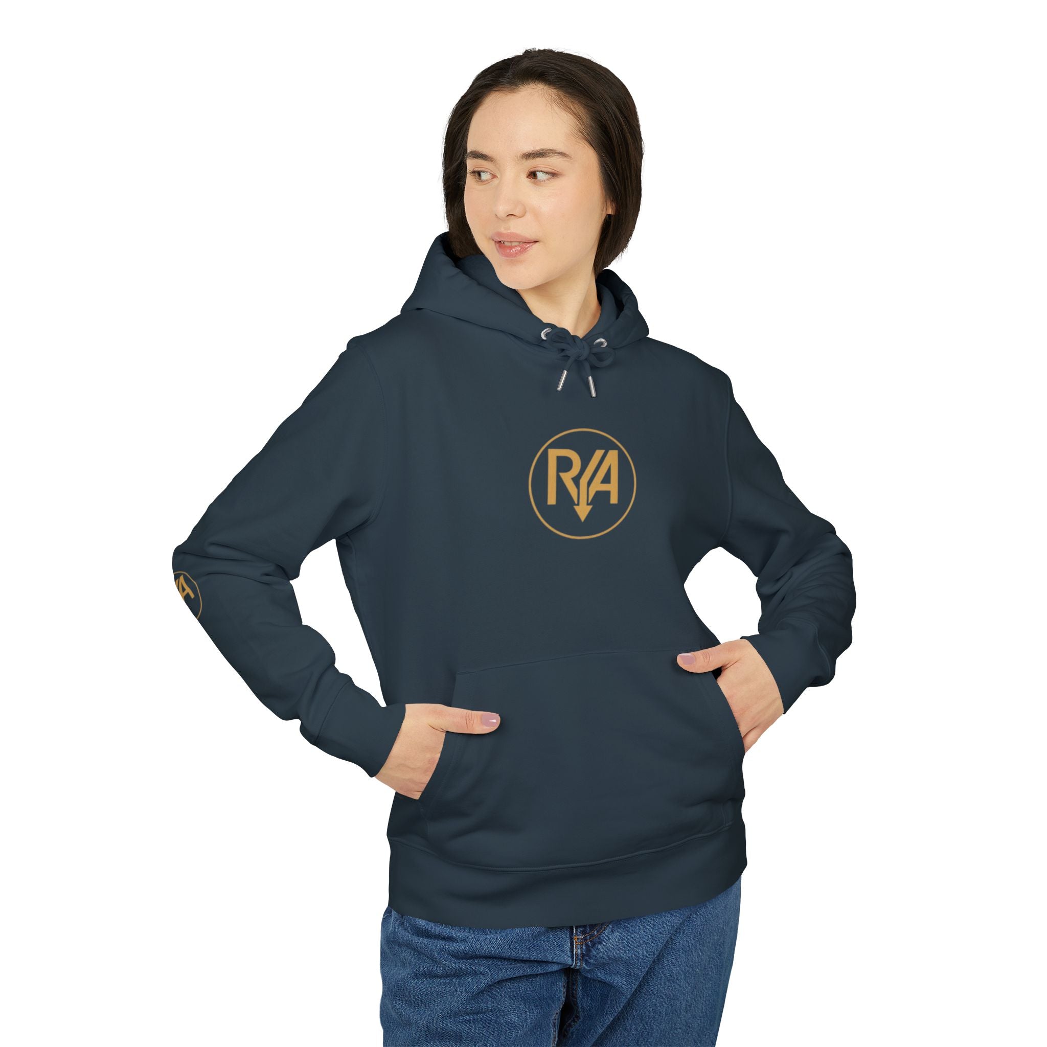 Minimal Gold Logo Hoodie — White Casual Pullover with Subtle Sleeve Emblems