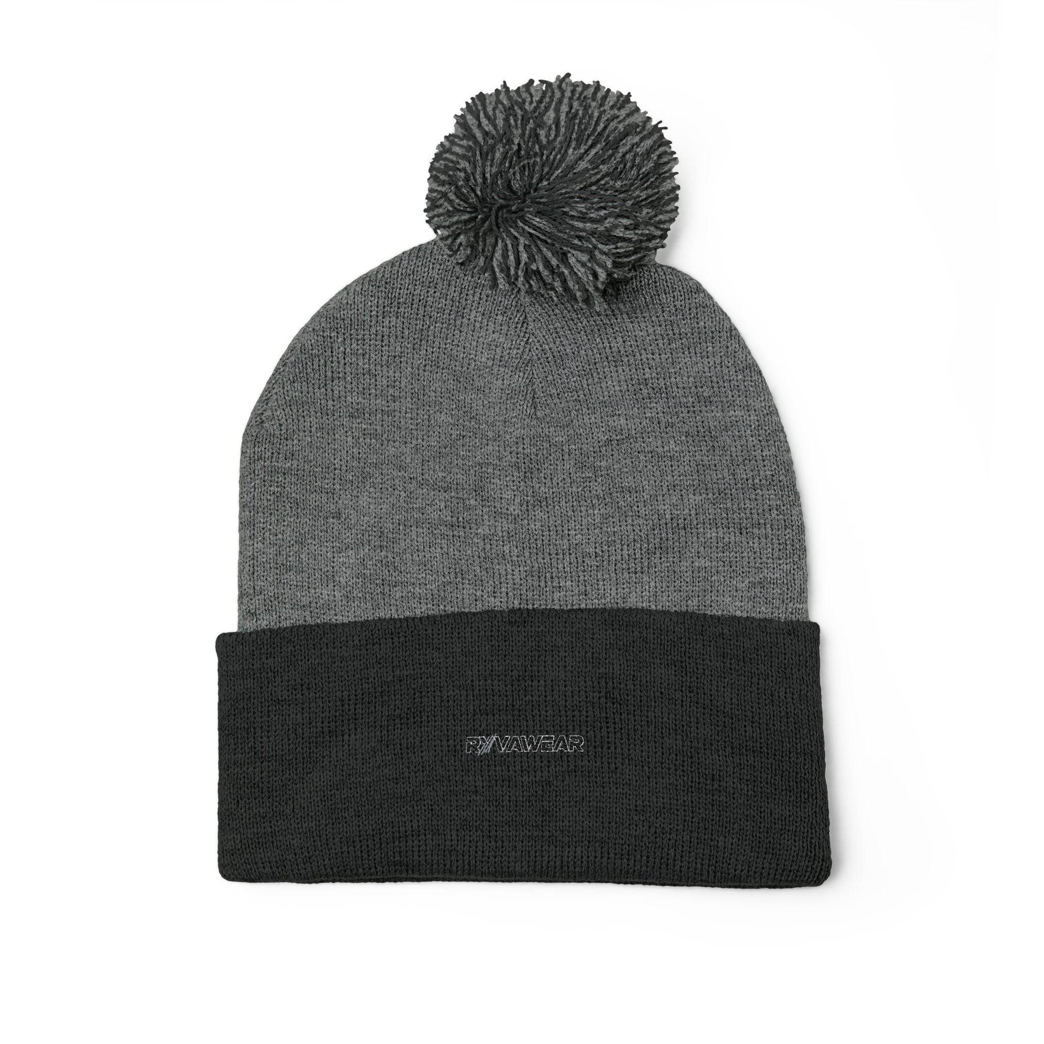 Embroidered Pom-Pom Knit Cap — Cozy Winter Beanie with Fold-Over Cuff