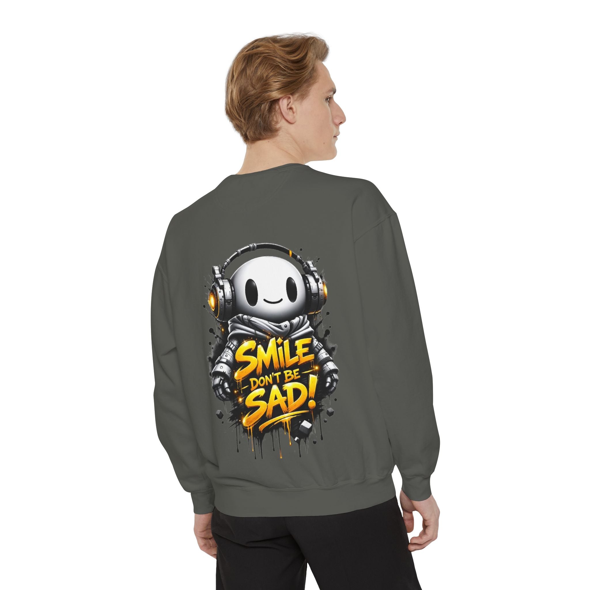 Smile Don't Be Sad Sweatshirt — Cute Headphone Character Graphic Crewneck