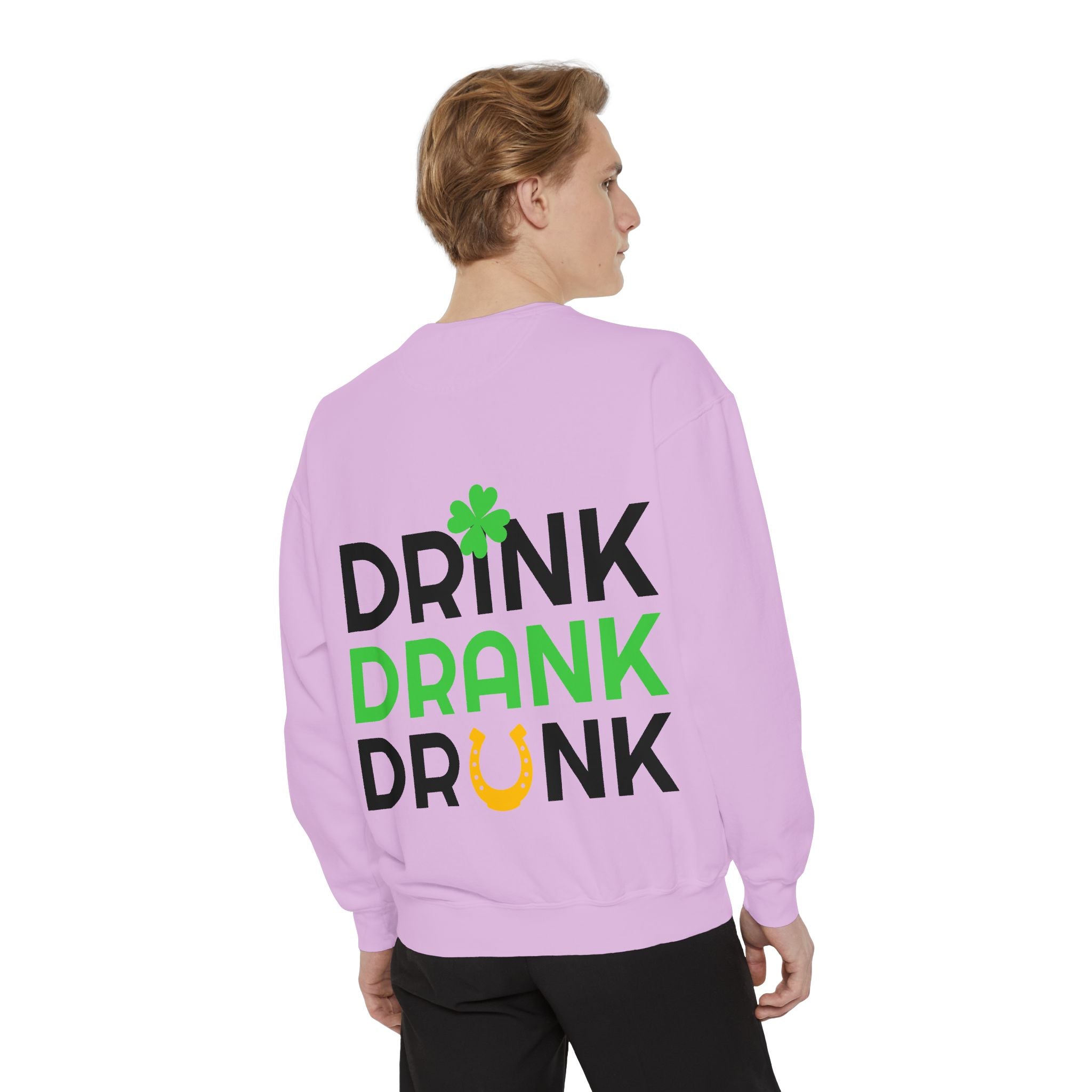 Drink Drank Drunk Sweatshirt — St. Patrick’s Day Shamrock & Horseshoe Crewneck