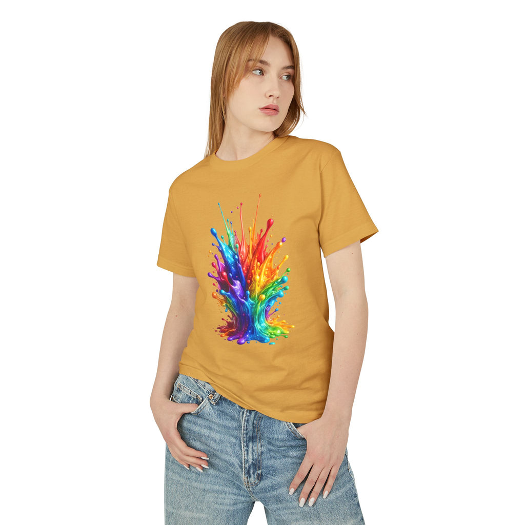 Rainbow Paint Splash T-Shirt — Vibrant Abstract Art Tee