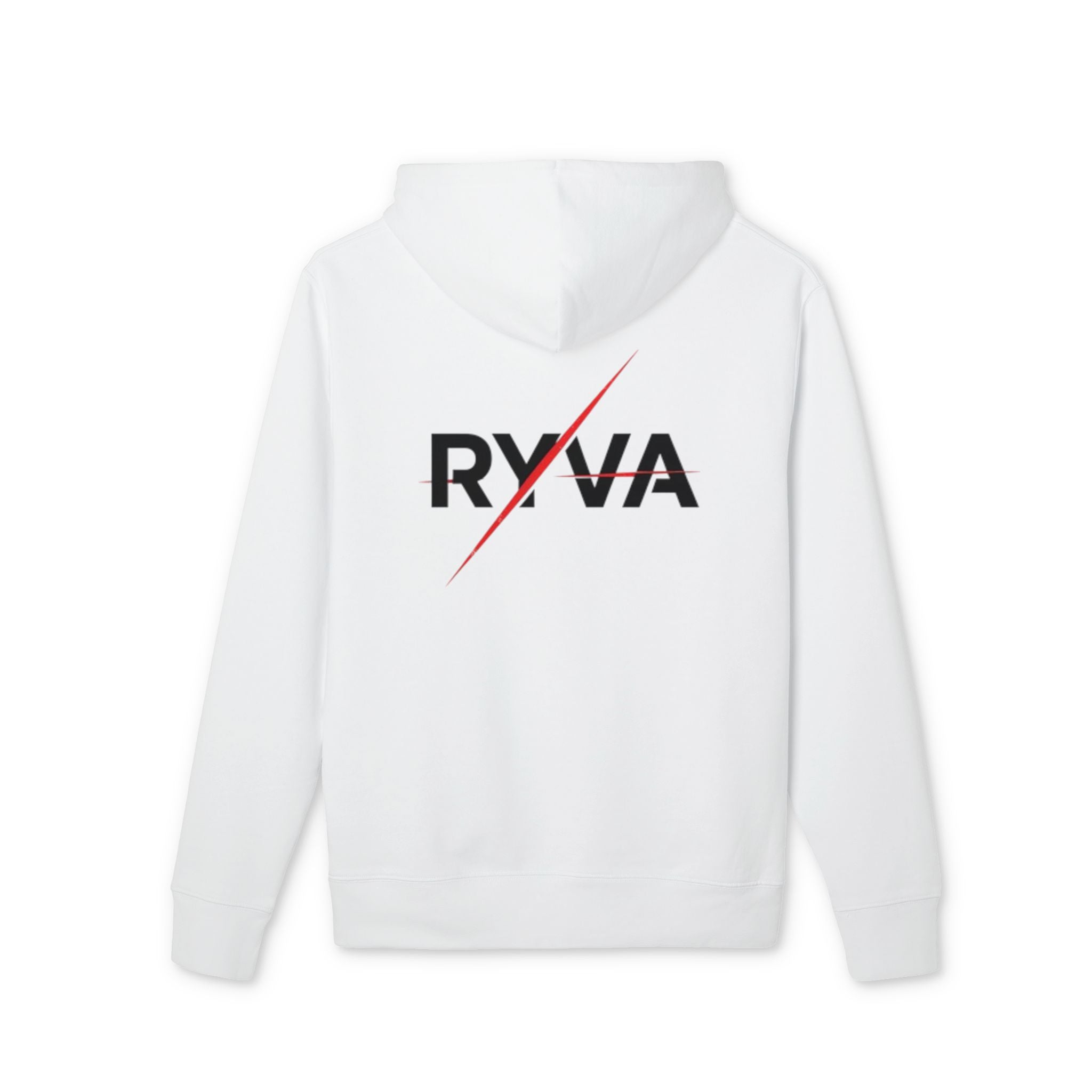 Ryva Logo Hoodie — Minimalist White Pullover with Front Emblem & Back Lightning Wordmark