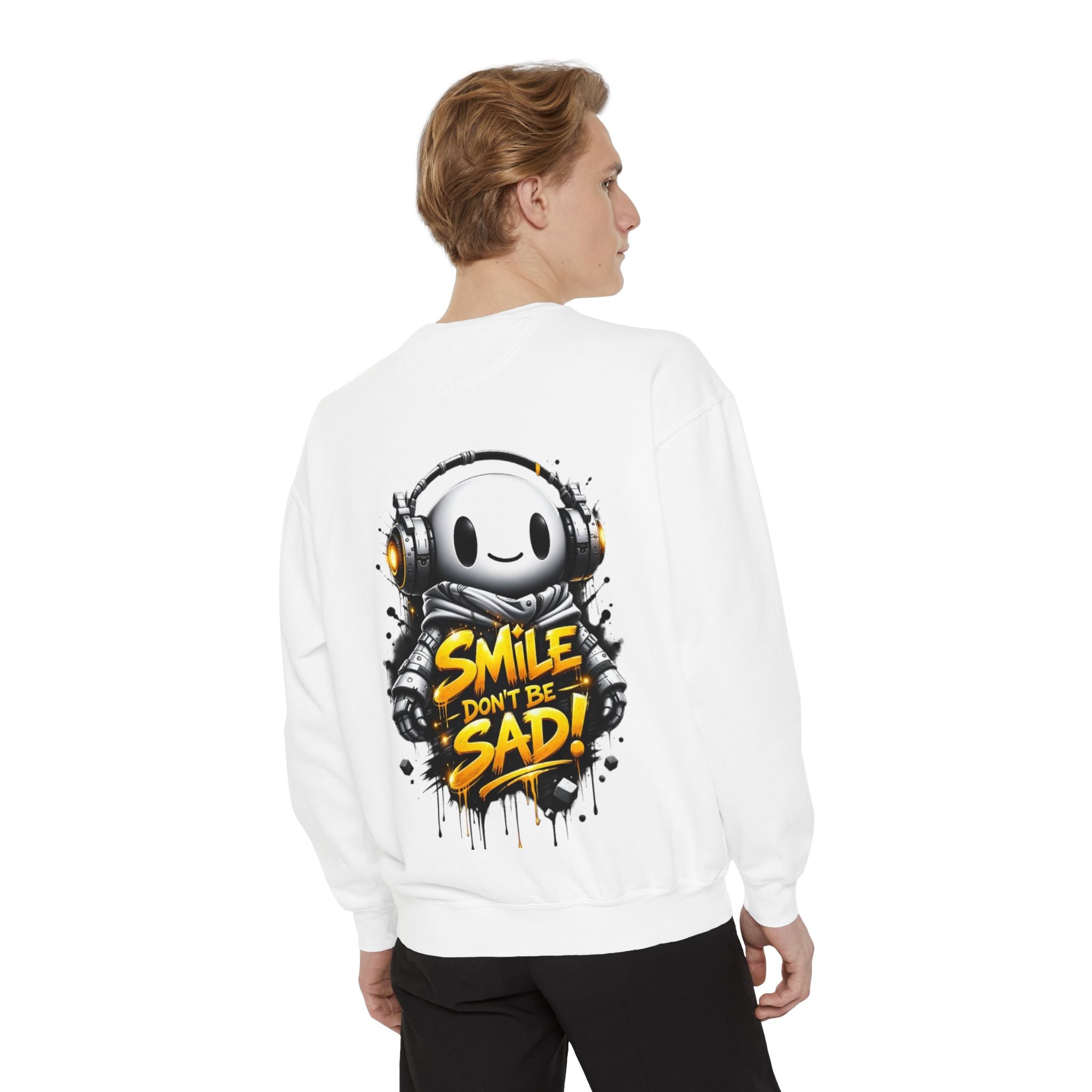 Smile Don't Be Sad Sweatshirt — Cute Headphone Character Graphic Crewneck