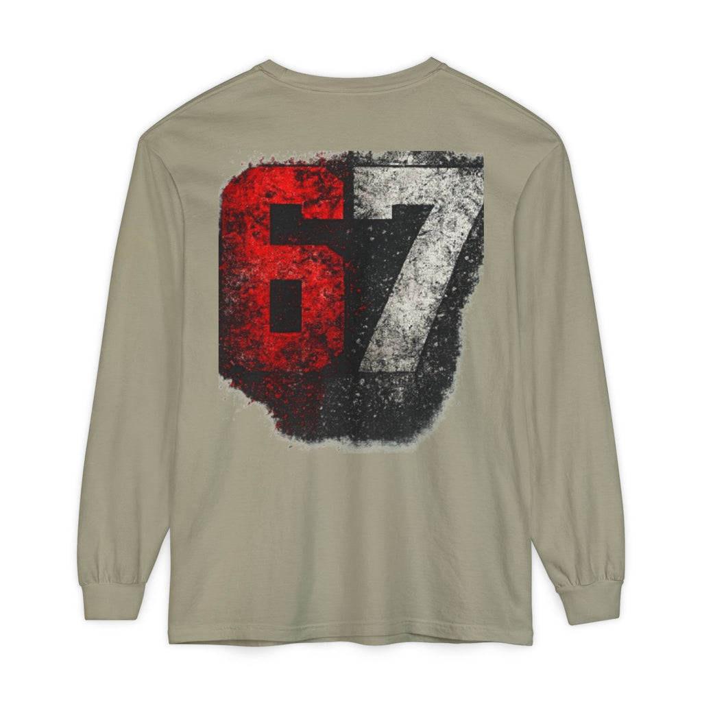 67 Graphic Long Sleeve T-Shirt — Distressed Red & Black Number Backprint