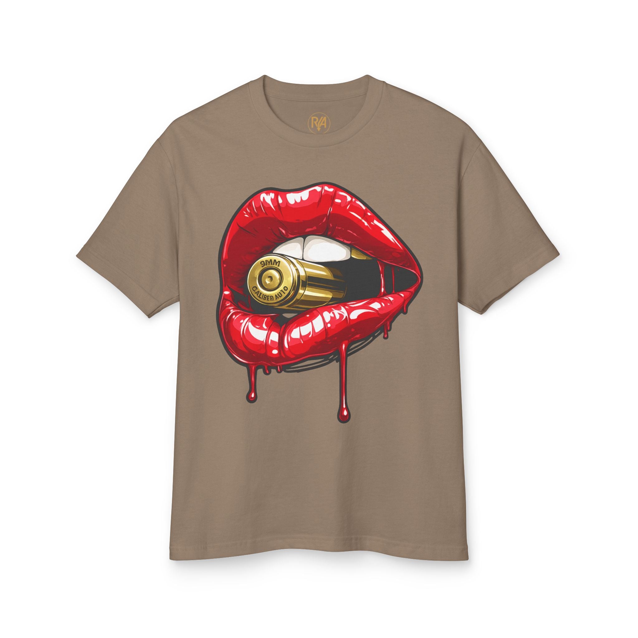 Graphic Tee — Red Dripping Lips Holding Bullet | Edgy Streetwear T-Shirt
