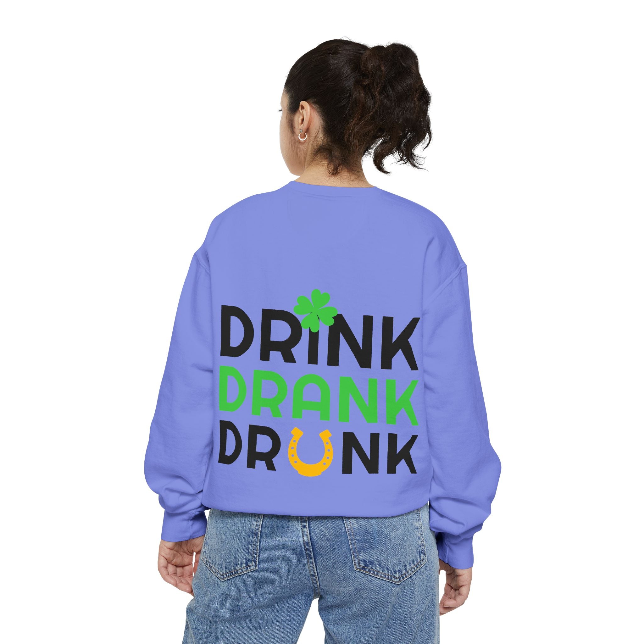 Drink Drank Drunk Sweatshirt — St. Patrick’s Day Shamrock & Horseshoe Crewneck