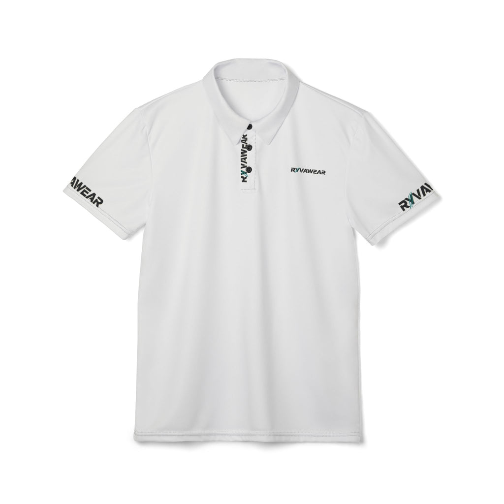 Minimal Logo Polo Shirt — White Performance Polo with 'RVNWEAR' Sleeve Branding