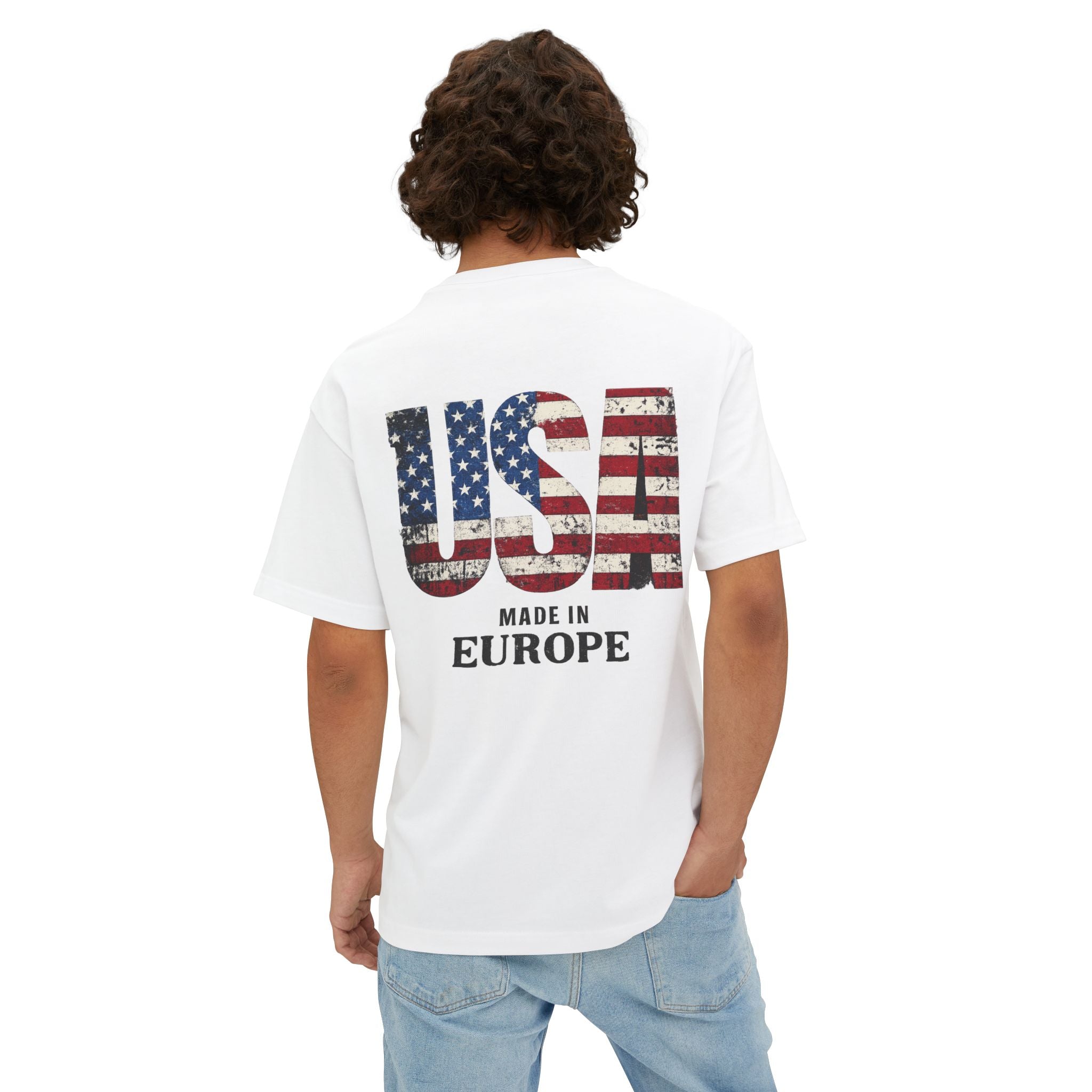 USA Flag Back Graphic Tee — "USA Made in Europe" Vintage Patriotic T‑Shirt