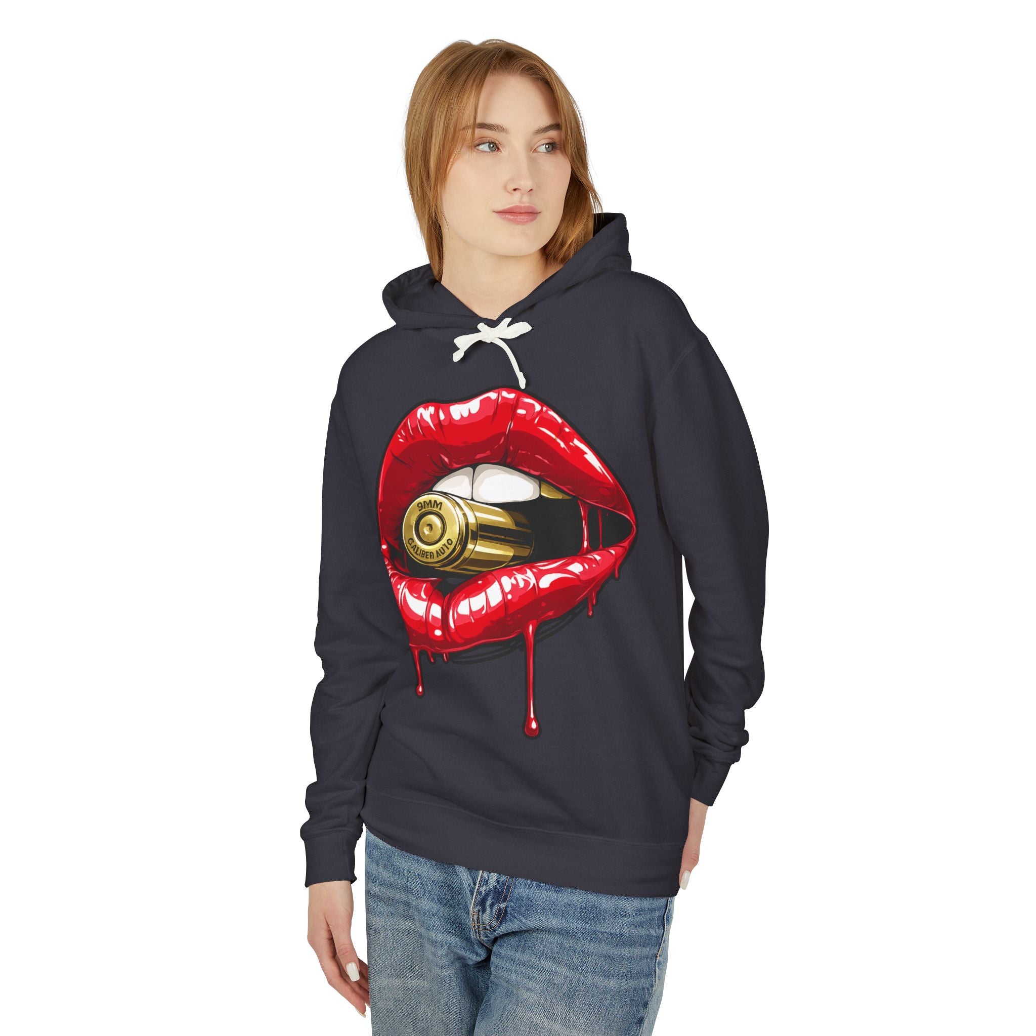 Graphic Hoodie — Red Dripping Lips Holding Bullet Print