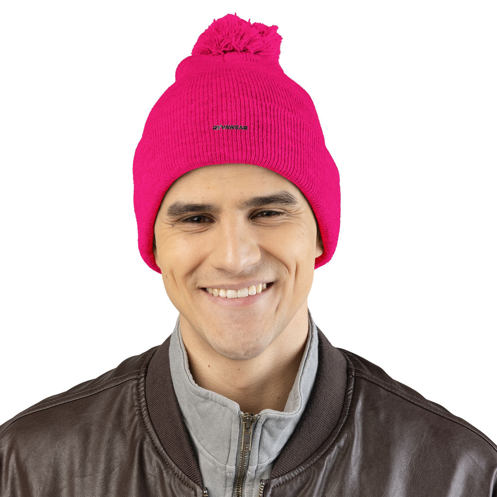 Embroidered Pom-Pom Knit Cap — Cozy Winter Beanie with Fold-Over Cuff