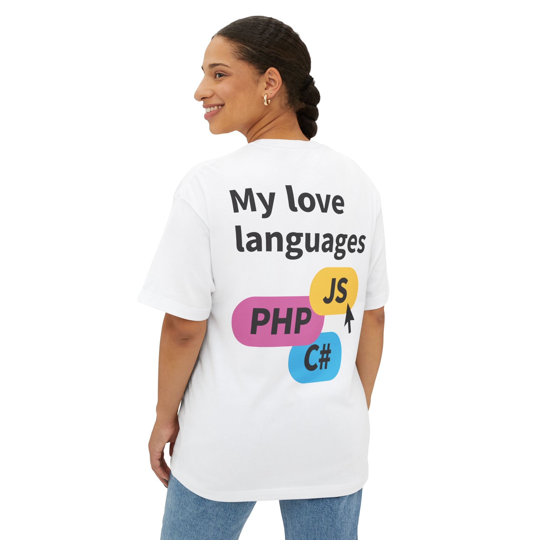 Programming Languages Graphic Tee — “My love languages: PHP JS C#” Oversized Boxy T-Shirt