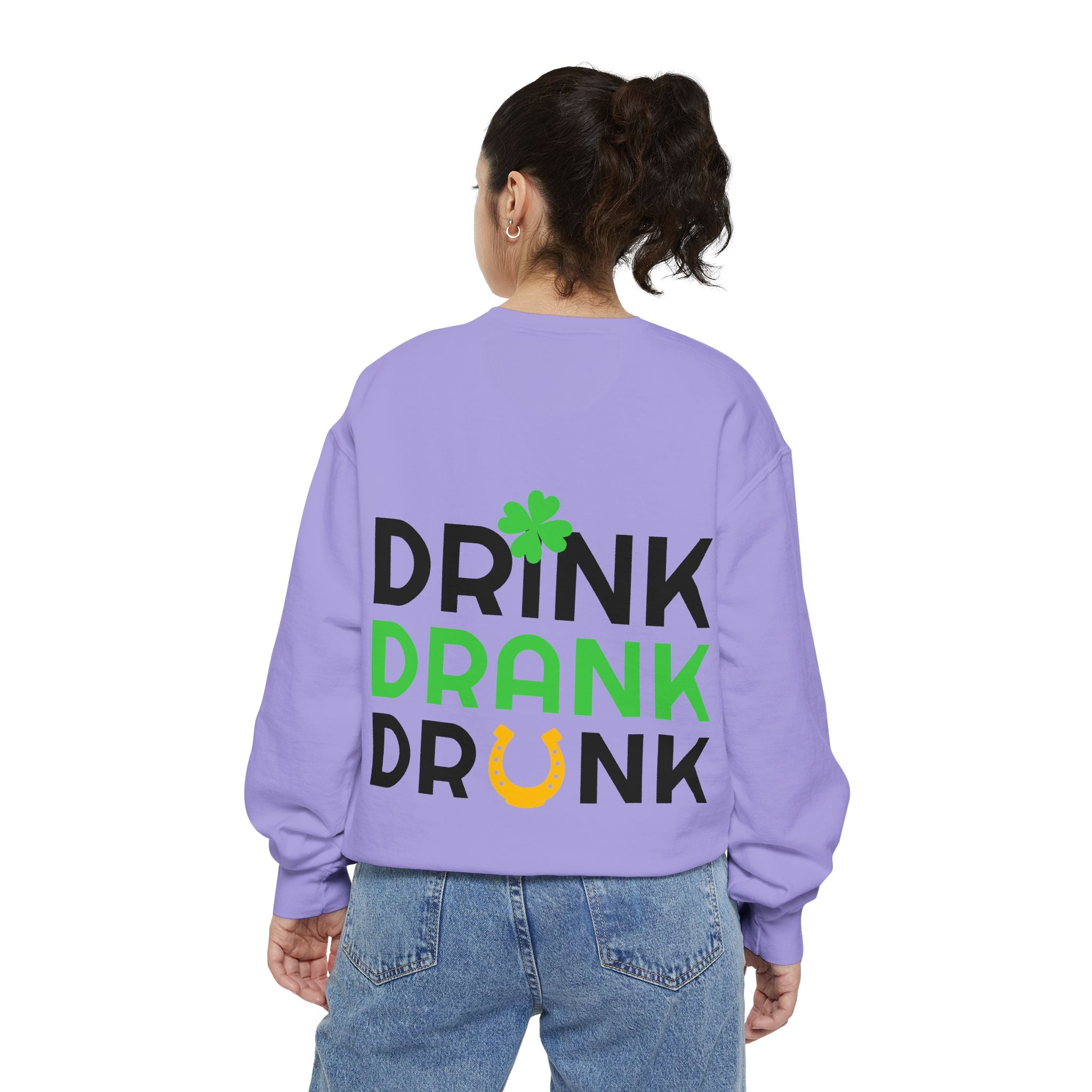 Drink Drank Drunk Sweatshirt — St. Patrick’s Day Shamrock & Horseshoe Crewneck