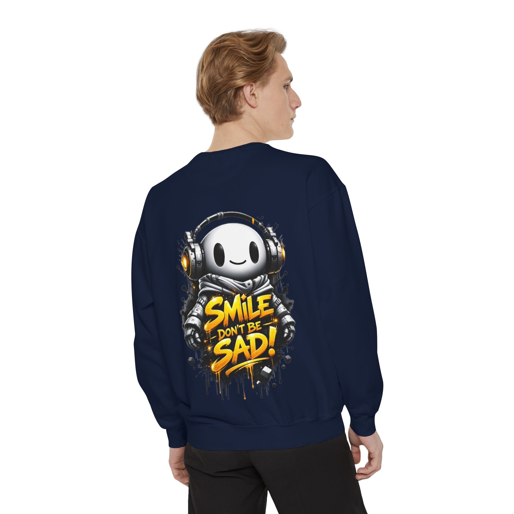 Smile Don't Be Sad Sweatshirt — Cute Headphone Character Graphic Crewneck