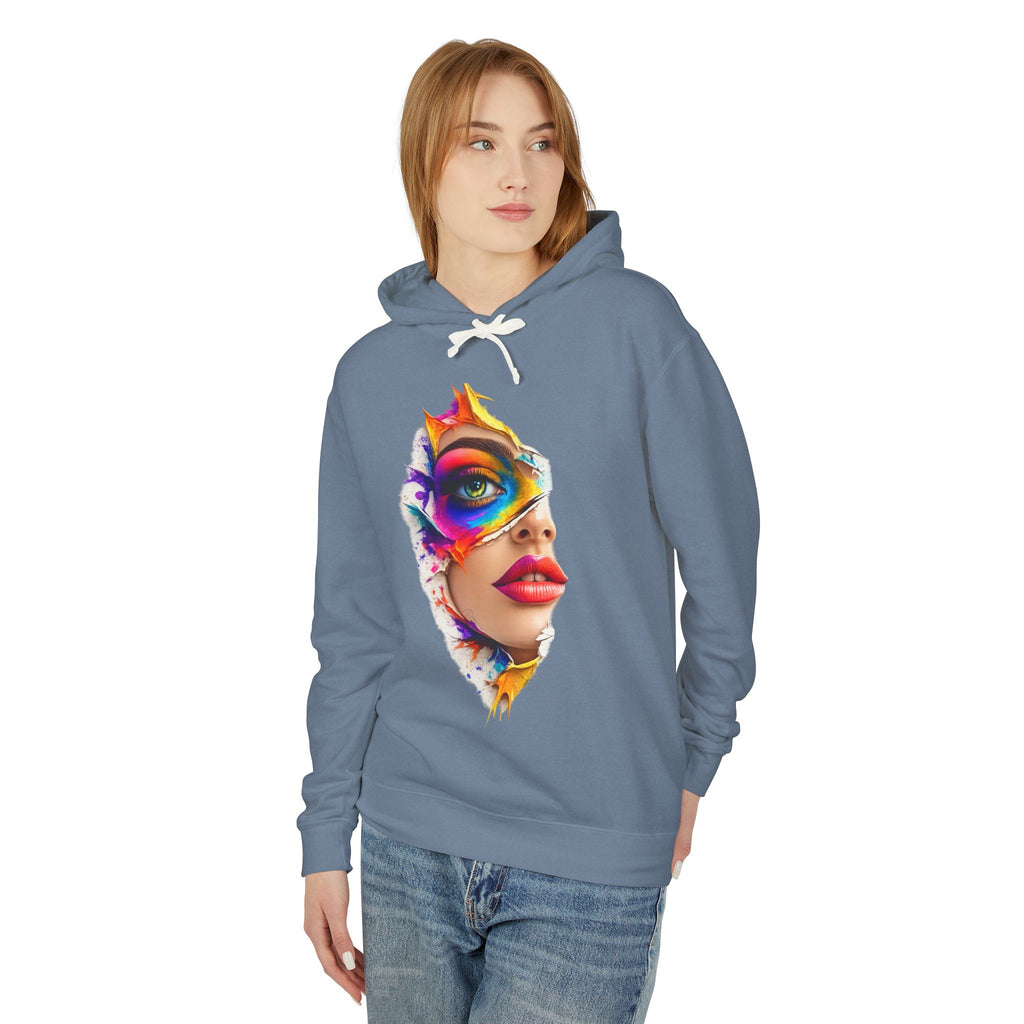 Colorful Masked Woman Art Hoodie — Vibrant Abstract Face Print