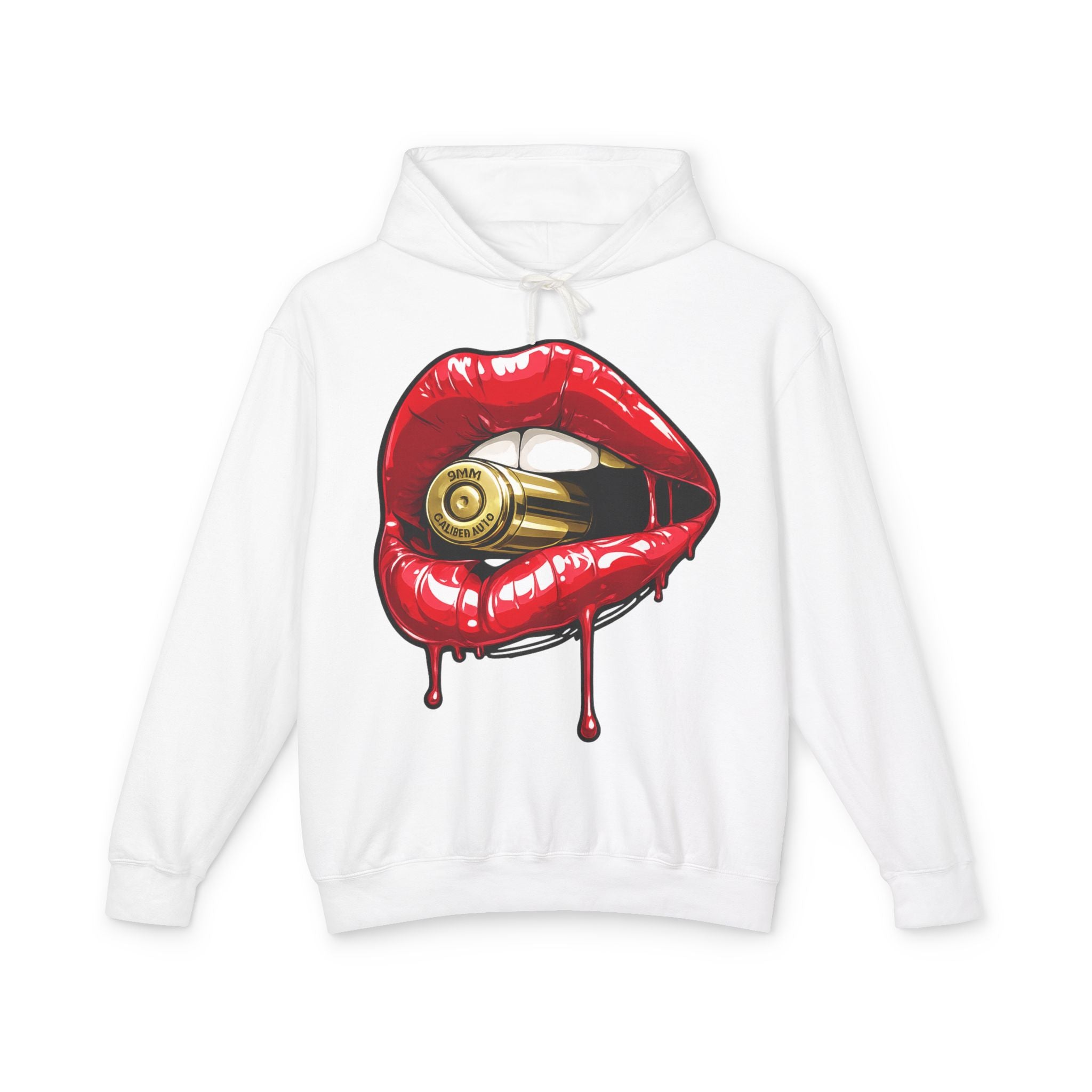 Graphic Hoodie — Red Dripping Lips Holding Bullet Print