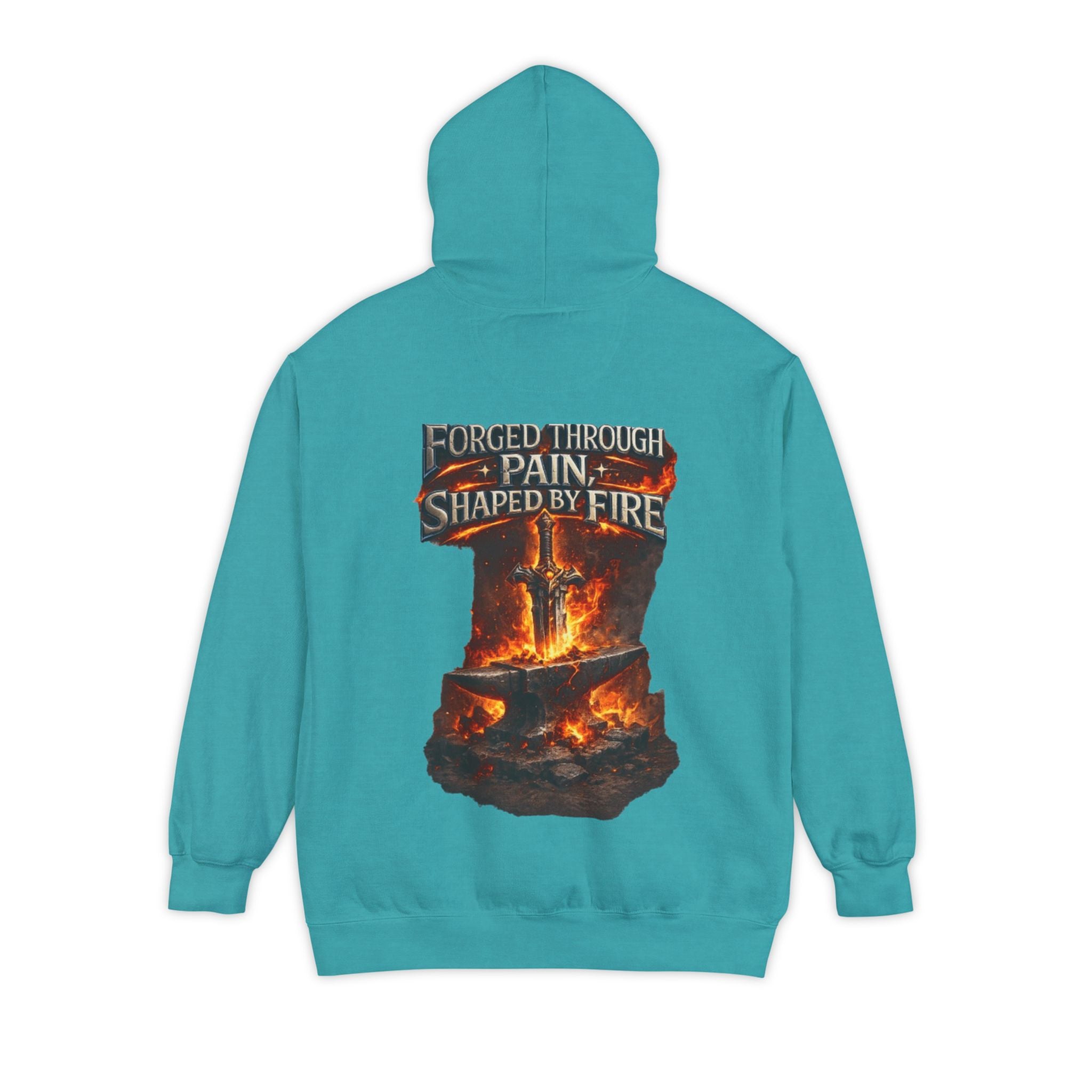 Hoodie — "Forged Through Pain, Shaped by Fire" Graphic Faded-Dye Hoodie