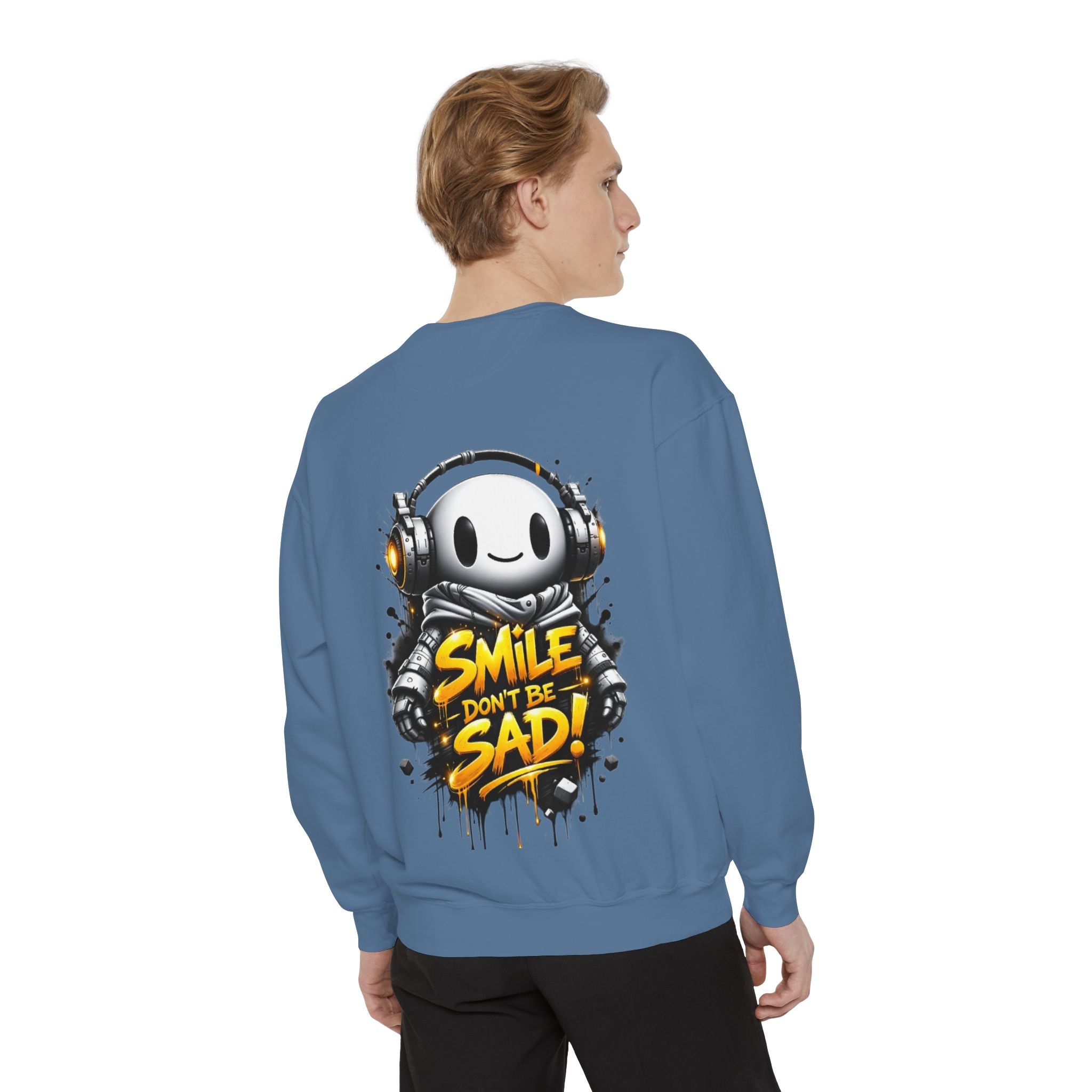 Smile Don't Be Sad Sweatshirt — Cute Headphone Character Graphic Crewneck