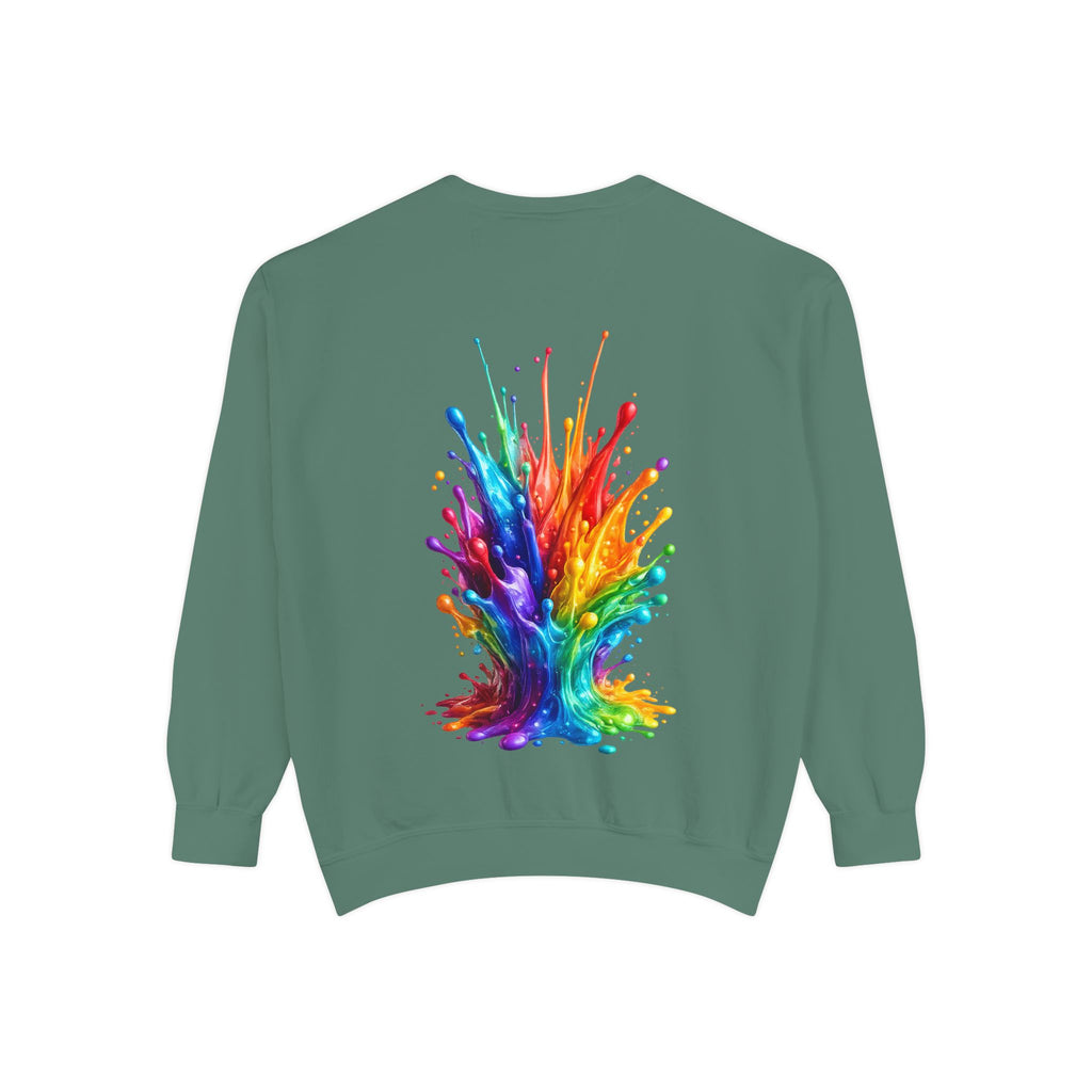 Rainbow Paint Splash Sweatshirt — Colorful Back Graphic Crewneck