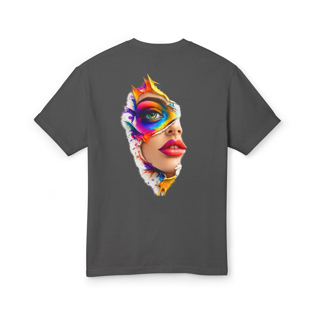 Artistic Masked Face Graphic Tee — Colorful Women's Portrait T-Shirt