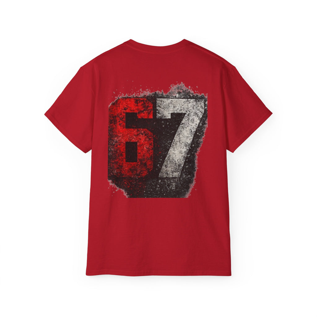 67 Distressed Racing Number Tee — Vintage Red & Gray Graphic T‑Shirt