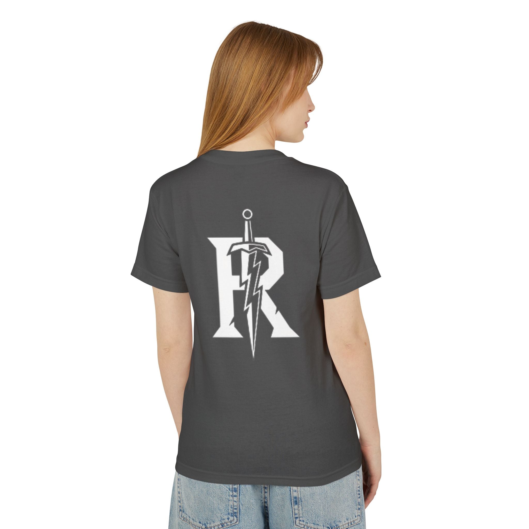 Graphic Tee — Retro Sword 'R' Logo Chest & Back Print
