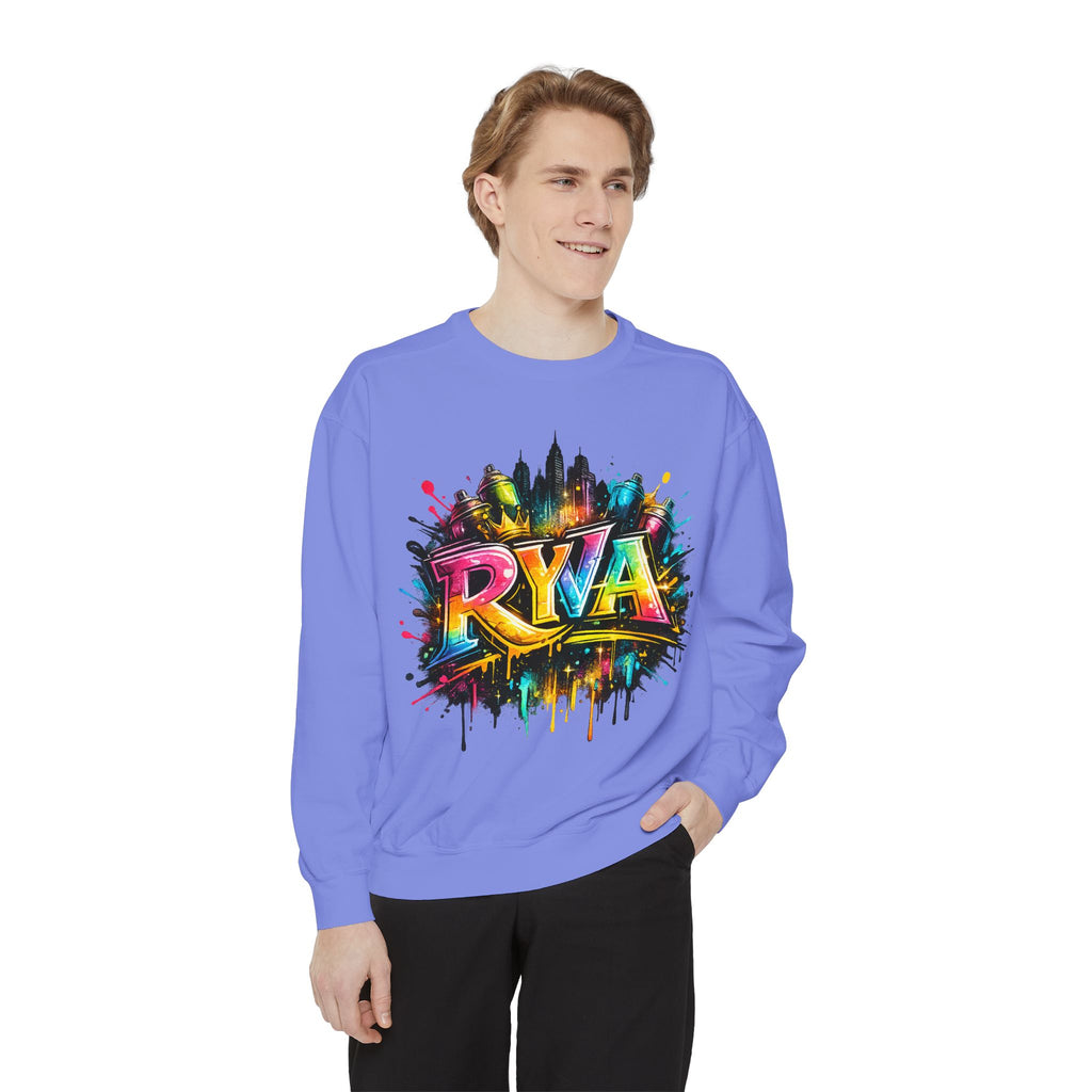 Graffiti Skyline Sweatshirt — Colorful "RYA" Urban Streetwear Crewneck
