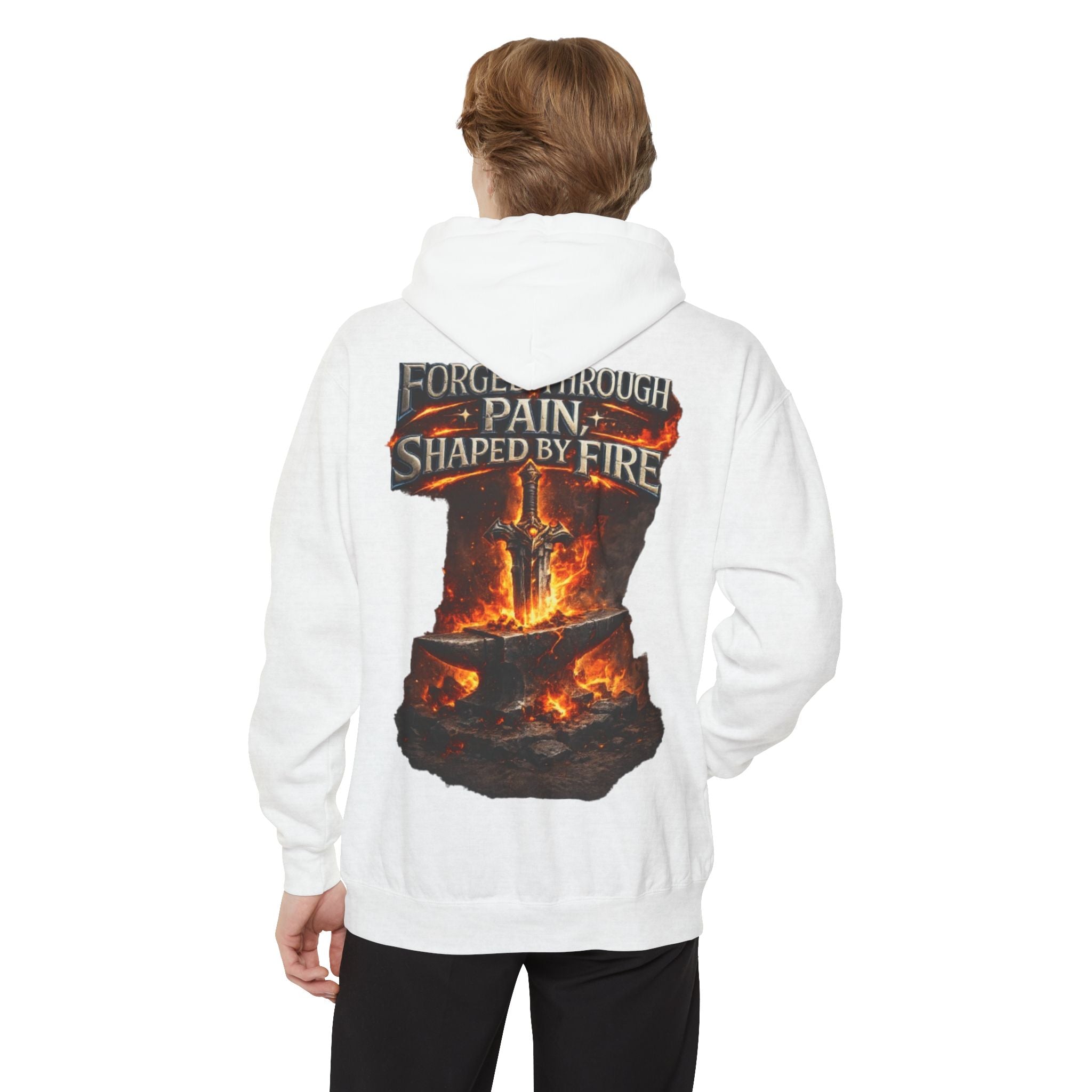 Hoodie — "Forged Through Pain, Shaped by Fire" Graphic Faded-Dye Hoodie