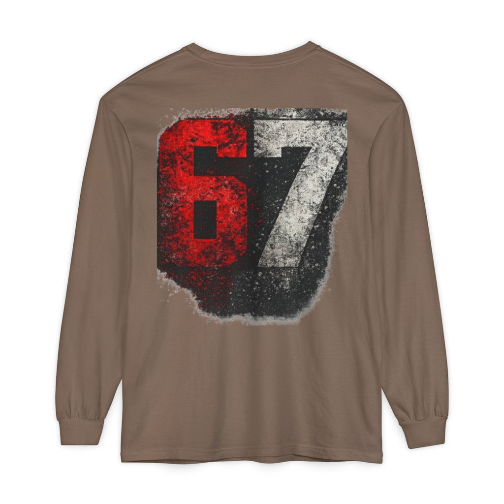 67 Graphic Long Sleeve T-Shirt — Distressed Red & Black Number Backprint