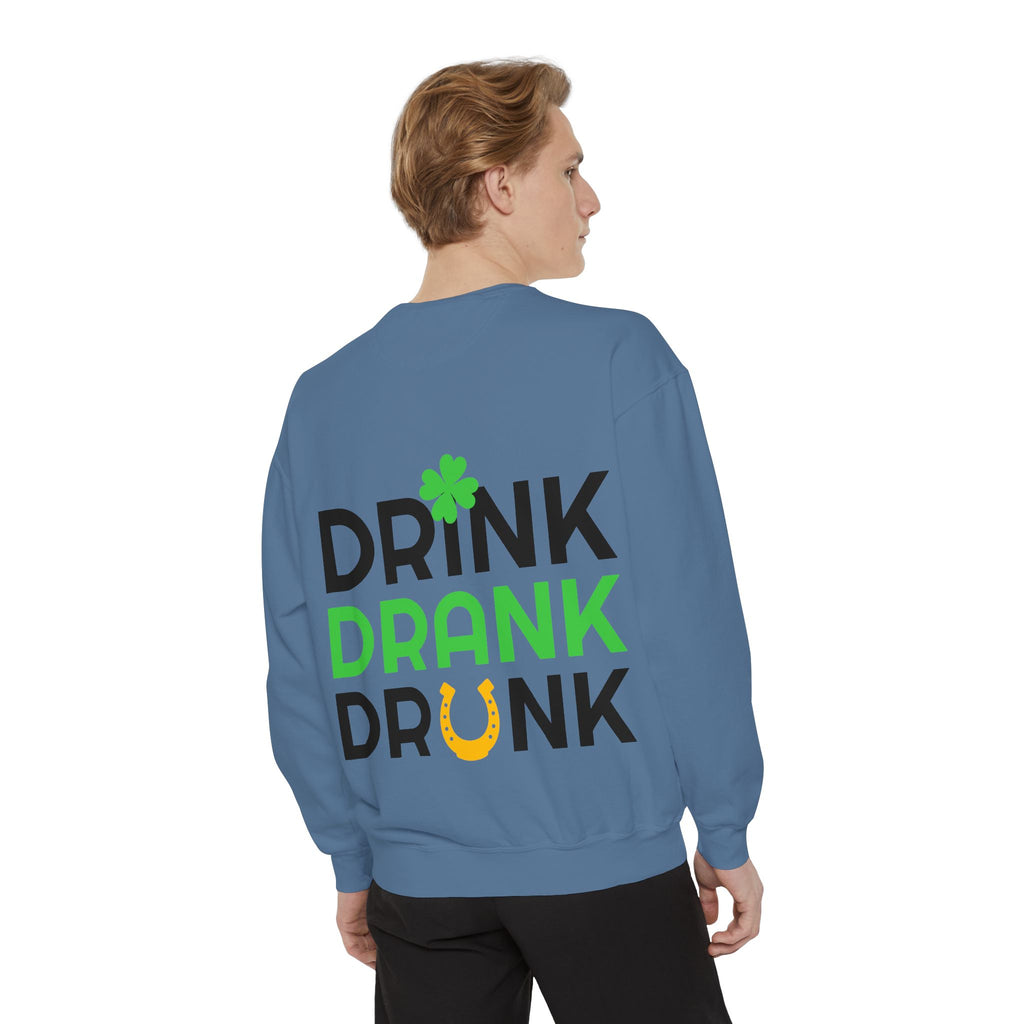 Drink Drank Drunk Sweatshirt — St. Patrick’s Day Shamrock & Horseshoe Crewneck