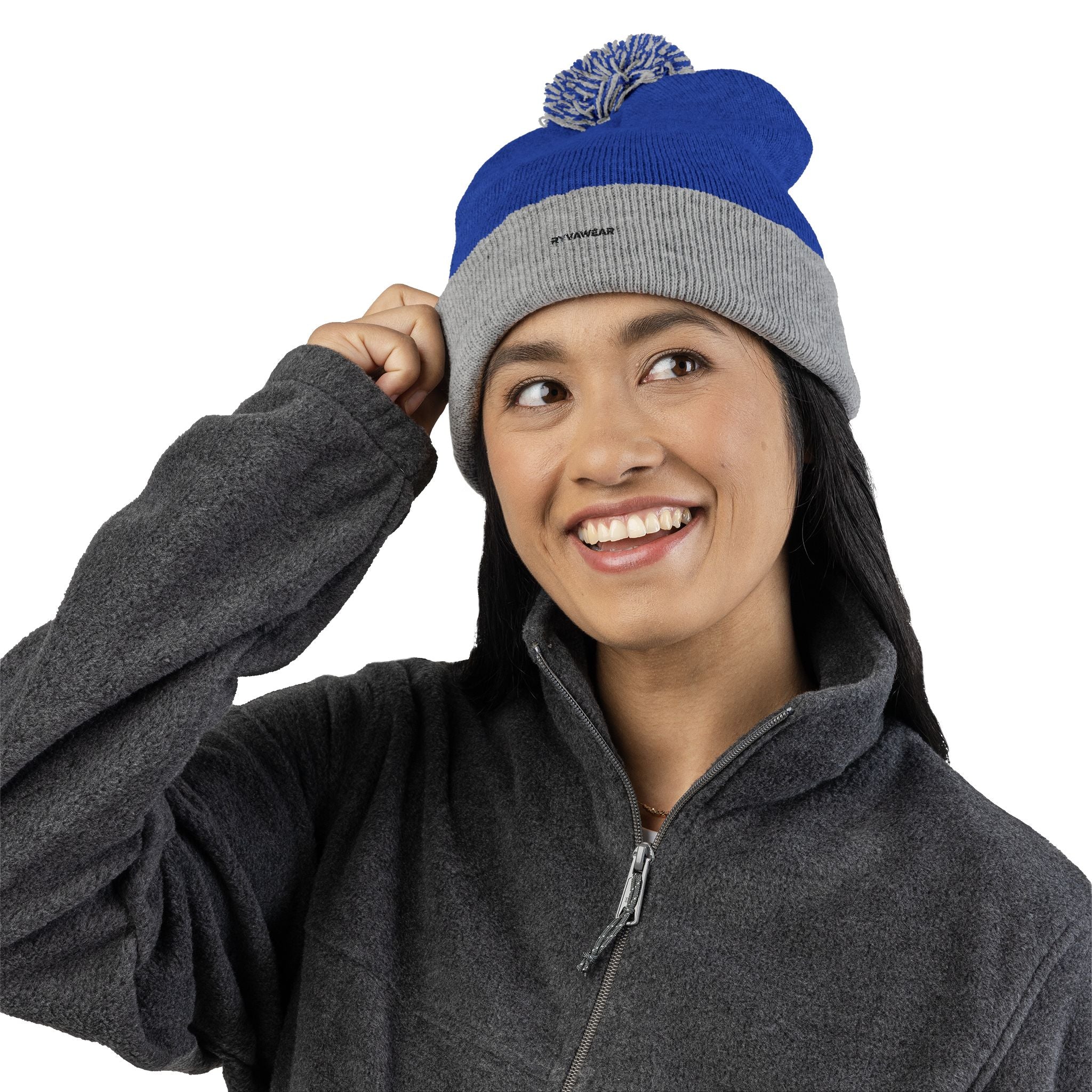 Embroidered Pom-Pom Knit Cap — Cozy Winter Beanie with Fold-Over Cuff