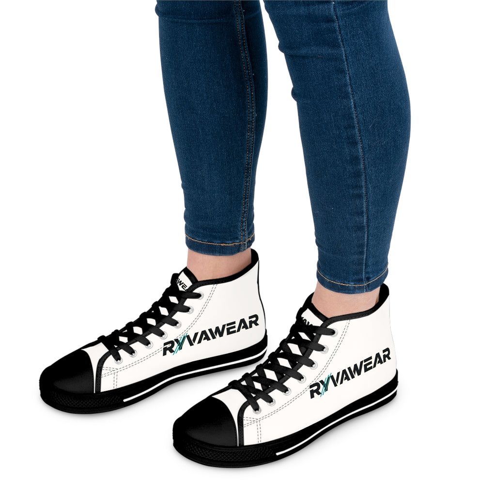 Women's High Top Sneakers — White 'RNVAWEAR' Logo Casual Canvas Shoes