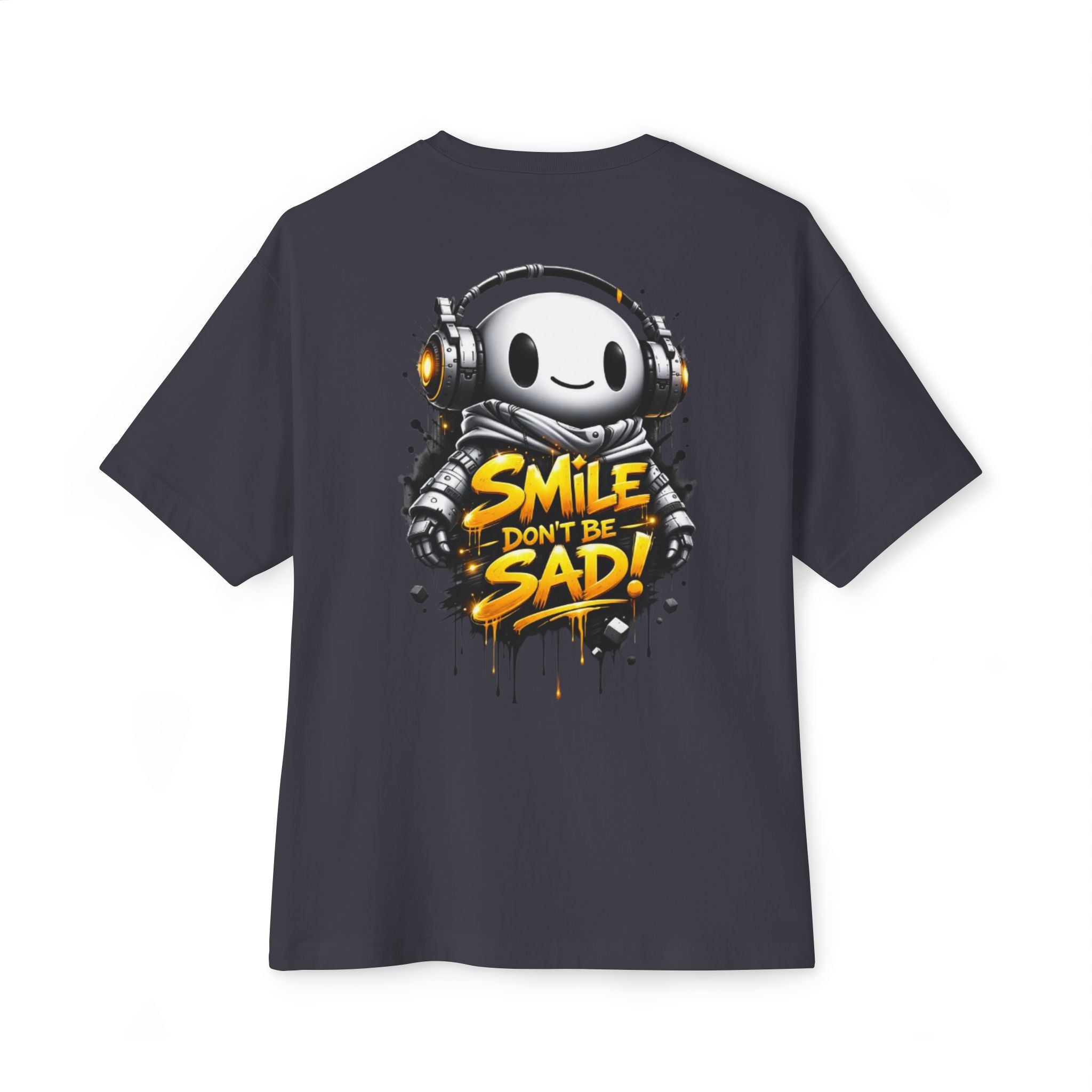 Smile Don't Be Sad Graphic Tee — Oversized Boxy White T-Shirt with Headphone Character