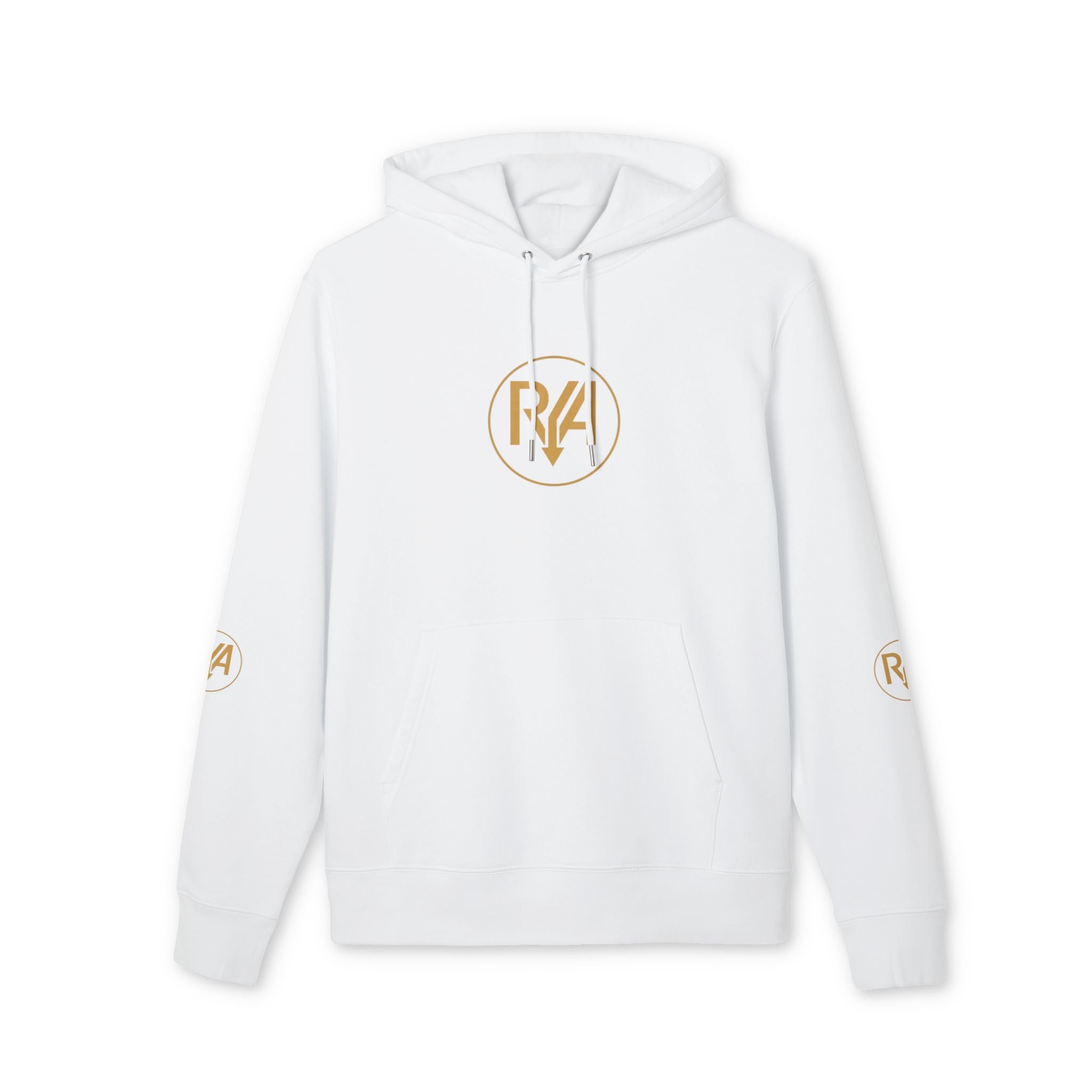 Minimal Gold Logo Hoodie — White Casual Pullover with Subtle Sleeve Emblems