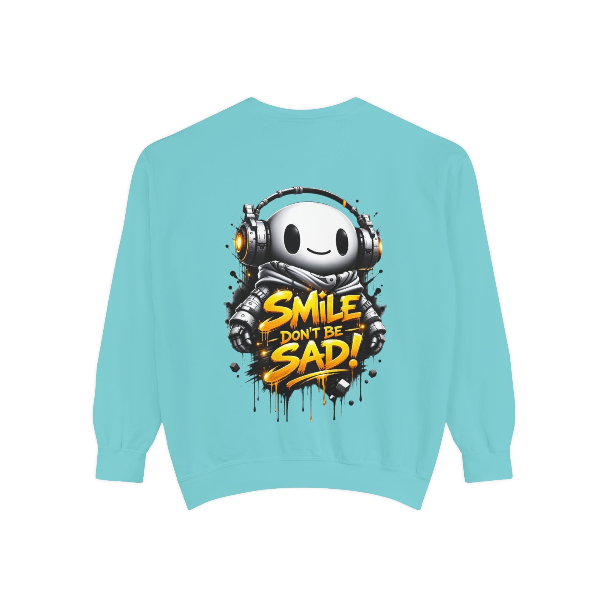Smile Don't Be Sad Sweatshirt — Cute Headphone Character Graphic Crewneck