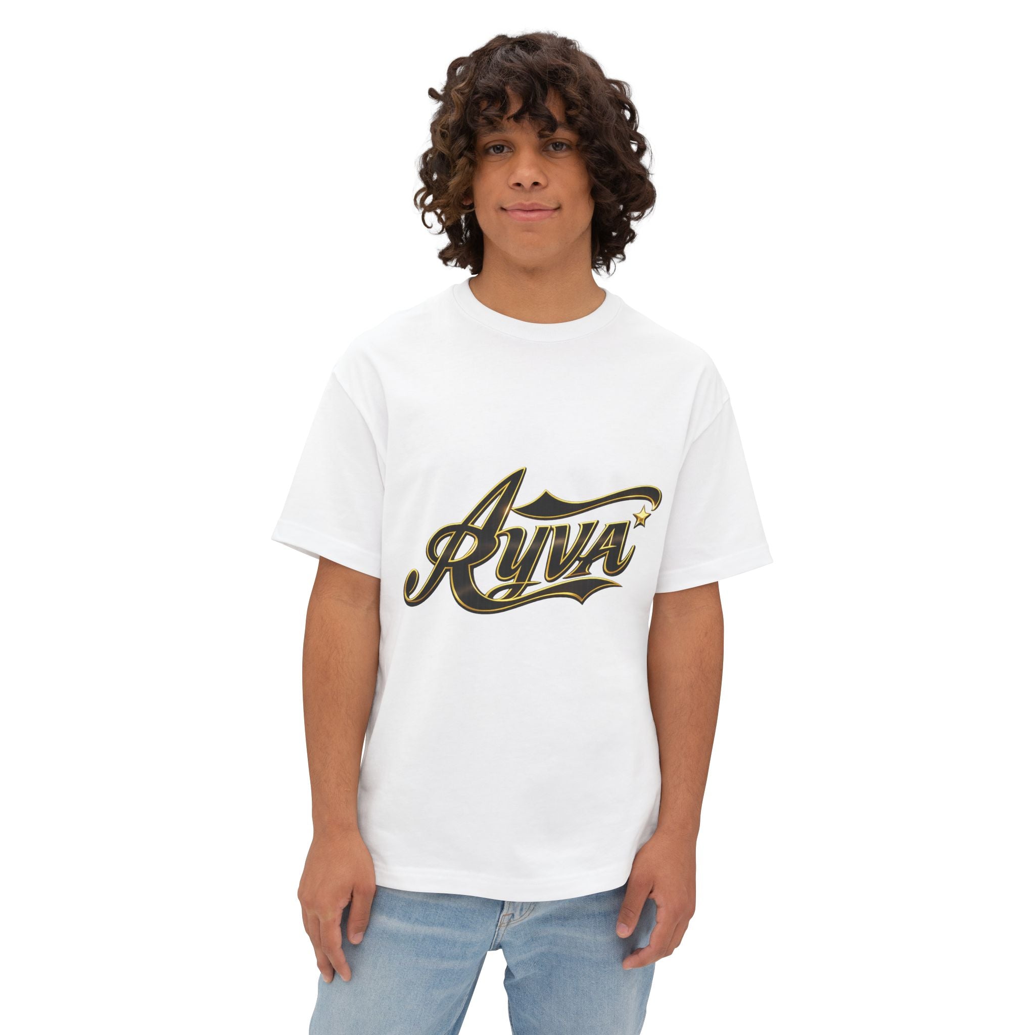 Ayva Script Logo Tee — Oversized Boxy White T‑Shirt with Gold Accent