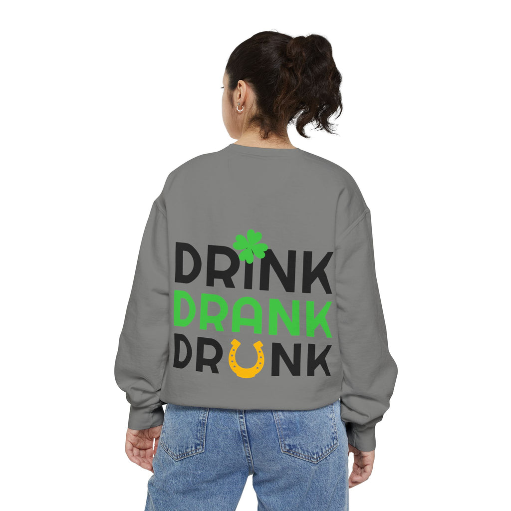 Drink Drank Drunk Sweatshirt — St. Patrick’s Day Shamrock & Horseshoe Crewneck