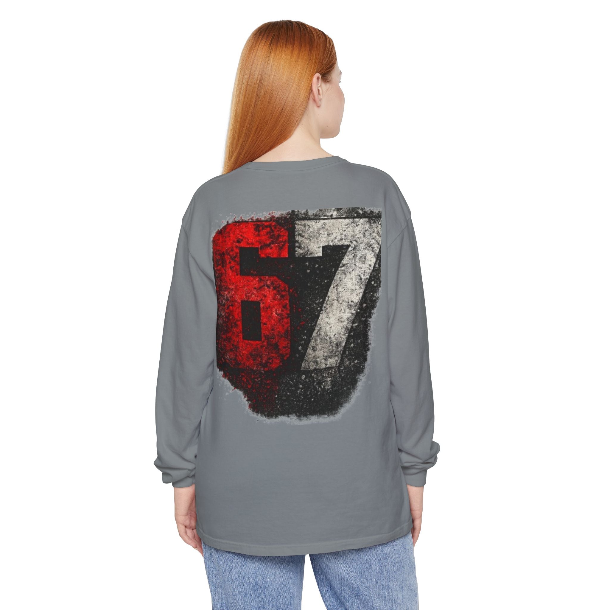 67 Graphic Long Sleeve T-Shirt — Distressed Red & Black Number Backprint