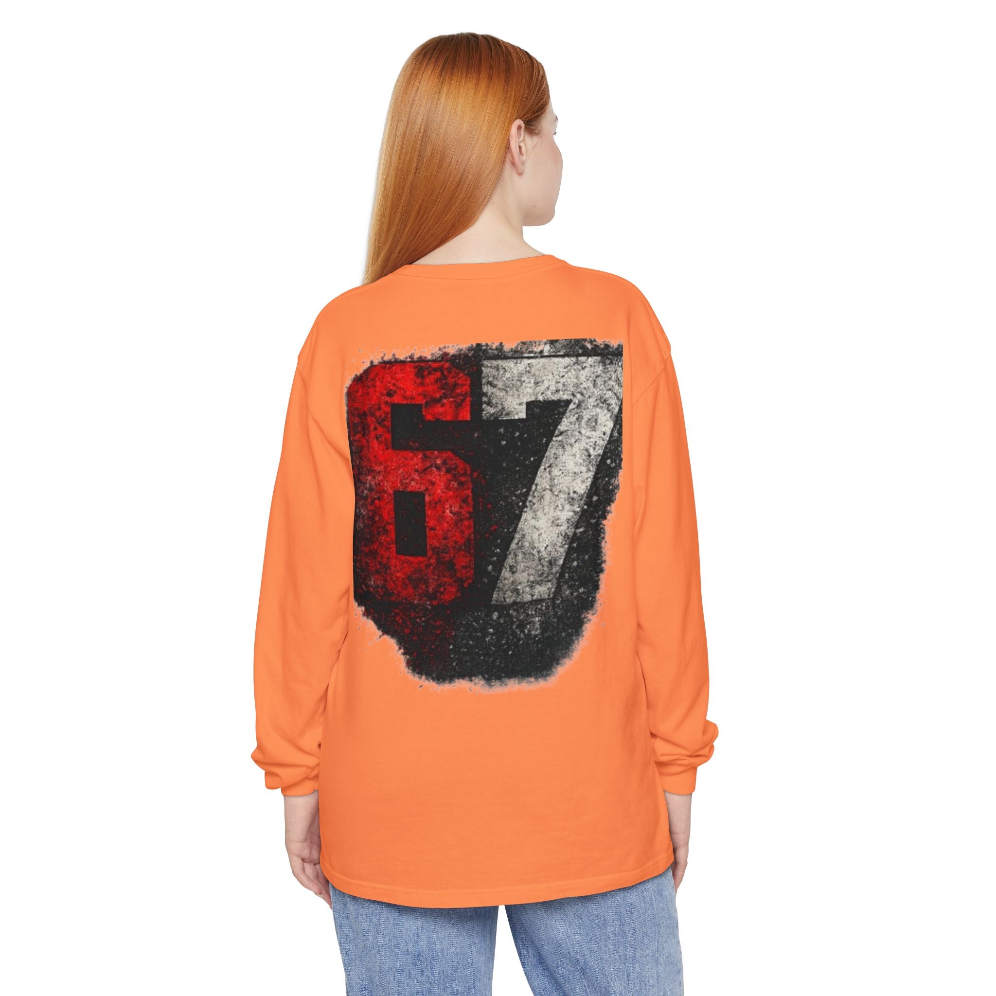 67 Graphic Long Sleeve T-Shirt — Distressed Red & Black Number Backprint