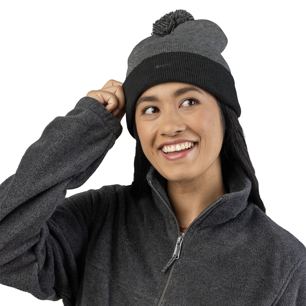 Embroidered Pom-Pom Knit Cap — Cozy Winter Beanie with Fold-Over Cuff