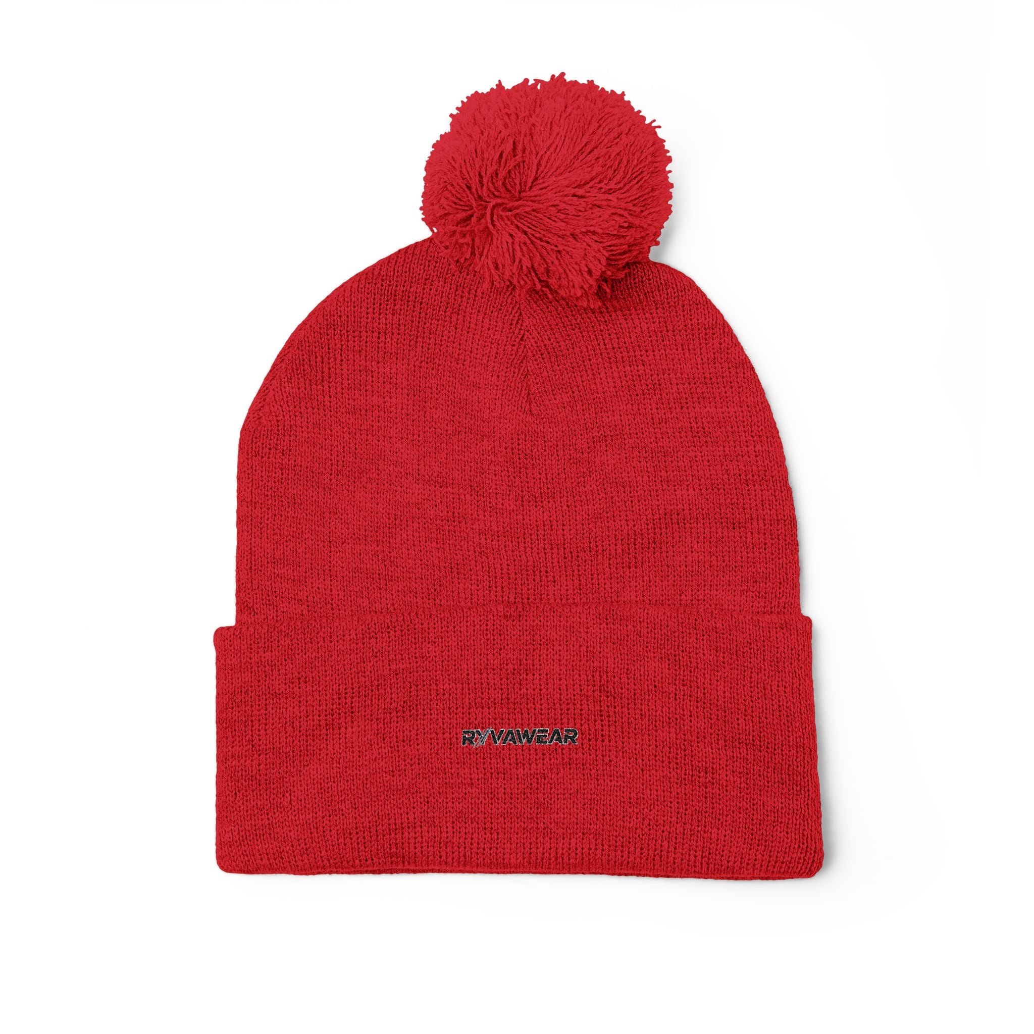 Embroidered Pom-Pom Knit Cap — Cozy Winter Beanie with Fold-Over Cuff