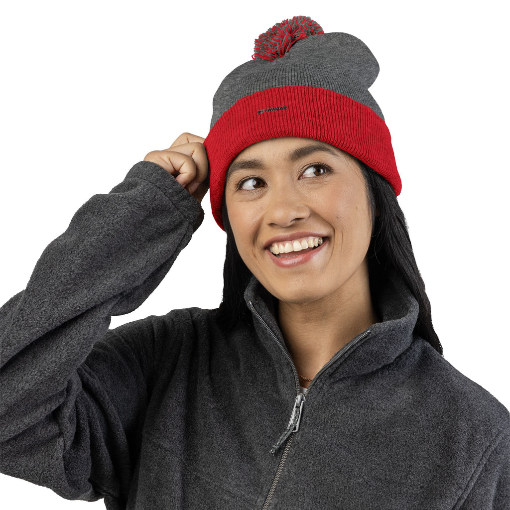 Embroidered Pom-Pom Knit Cap — Cozy Winter Beanie with Fold-Over Cuff