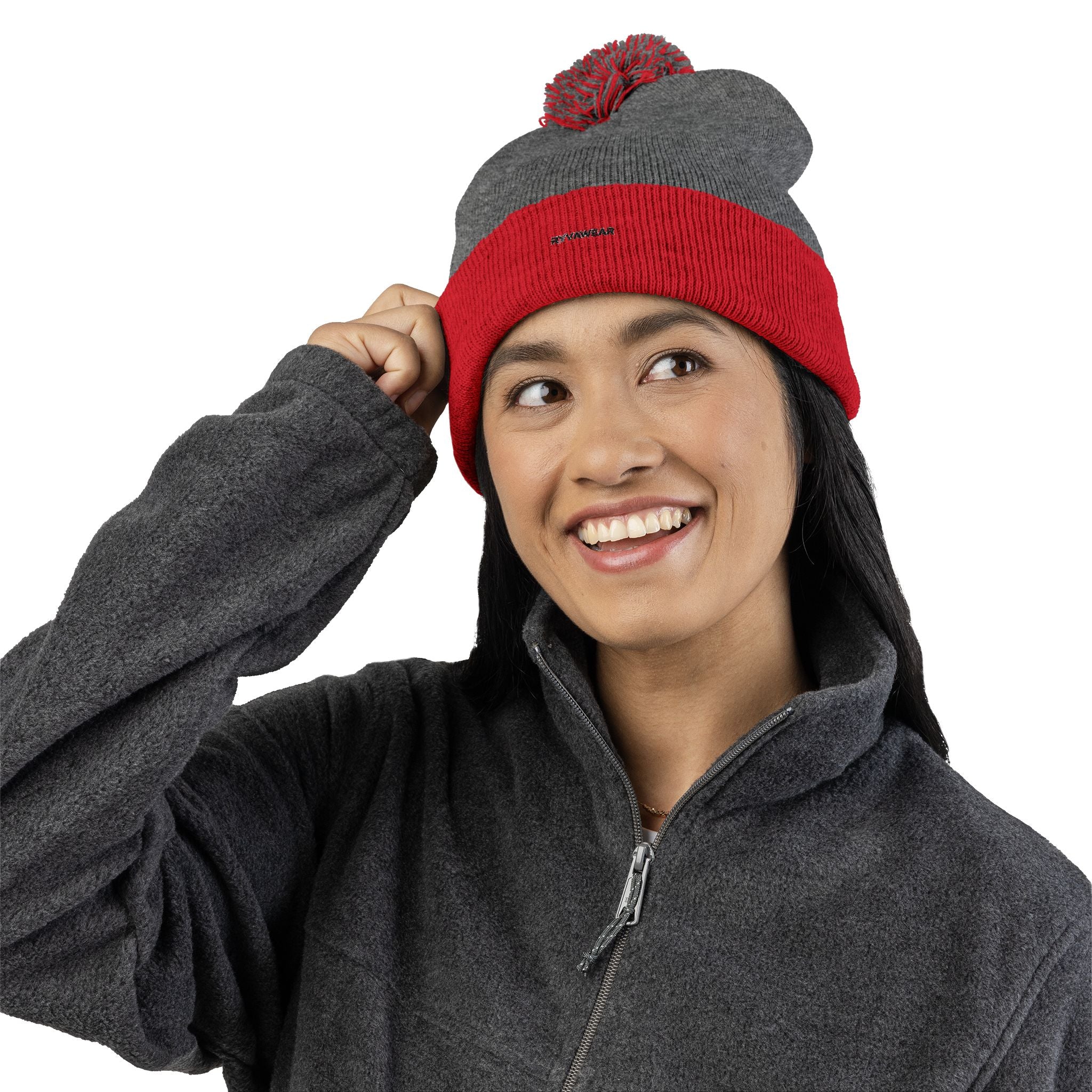 Embroidered Pom-Pom Knit Cap — Cozy Winter Beanie with Fold-Over Cuff